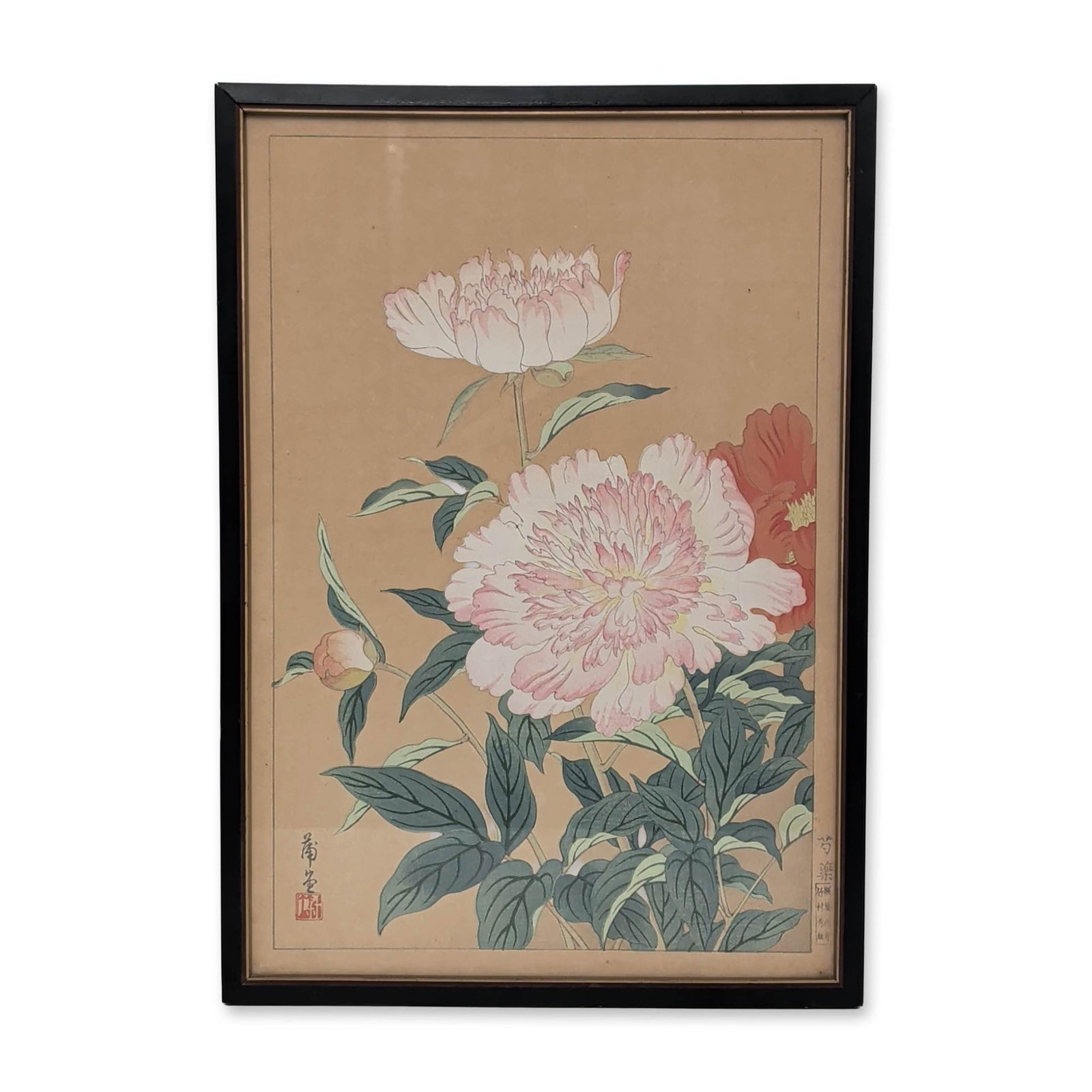 Attributed to Kawarazaki Shodo (Japanese, 1899-1973) Woodcut on Paper, Pink and Red Peonies: Attributed to Kawarazaki Shodo (Japanese, 1899-1973) Japanese woodblock print on paper, depicting pink and red peonies. The composition features a large central pink blossom in full bloom, accompanied