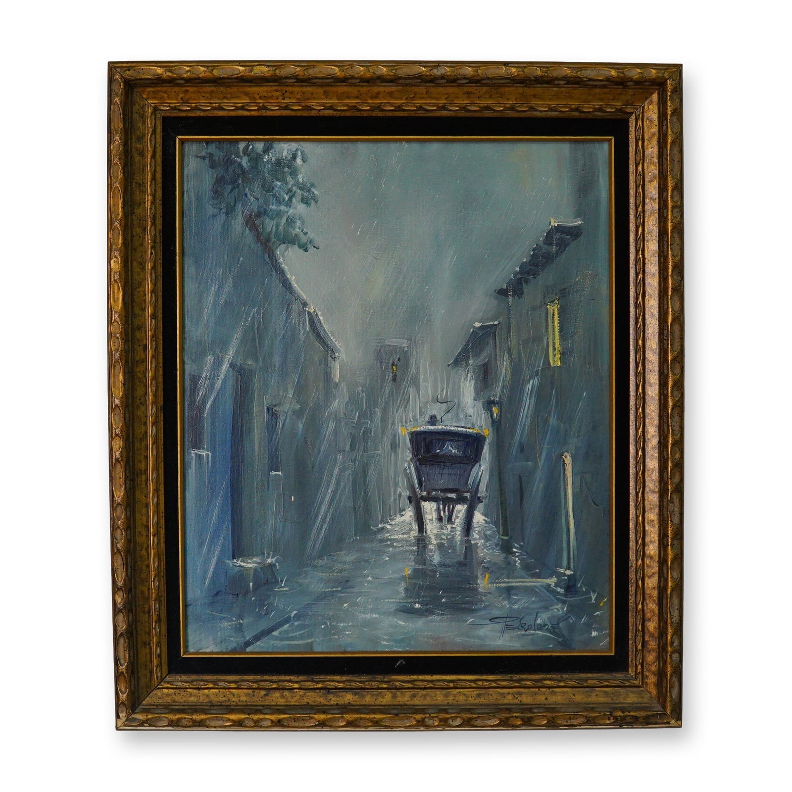 Pedro Jose, Framed Oil on Canvas, Carriage in Street, Signed: Painting depicts a surface with greyish, atmospheric brushwork, suggestive of an impressionistic street scene. Signed by artist lower right hand corner Pedro Jose. Dimensions: 23.5"L x 27"H; sight
