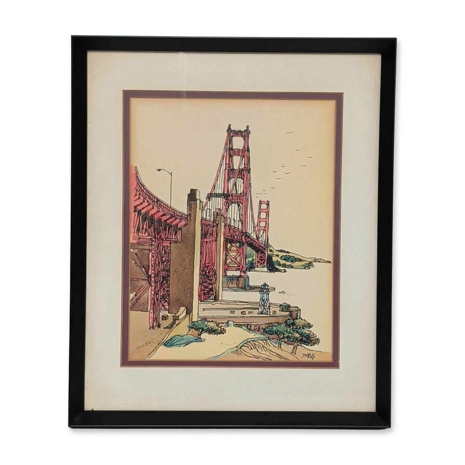 Martin Tang (American, 20th Century), Pen, Ink & Watercolor on Paper, Golden Gate Bridge, Signed: Martin Tang (American, 20th century) 1970s pen, ink and watercolor on wove paper artwork, featuring a graphic illustrative rendering of the Golden Gate Bridge from the artist's San Francisco series. T