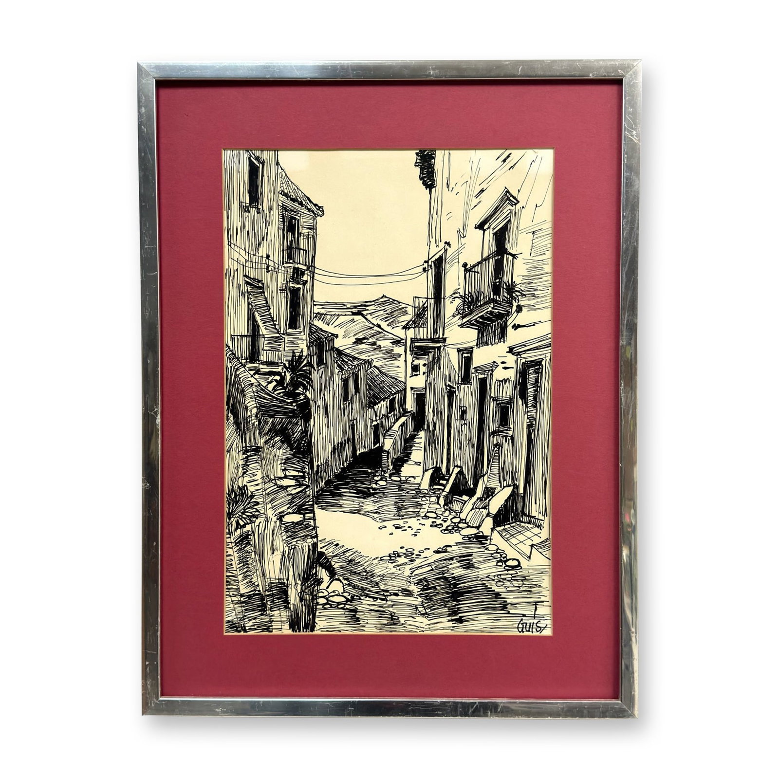 Guis, Village Street Scene, Pen and Ink on Paper: This pen and ink drawing on cream-toned paper depicts a narrow, steeply-graded village street lined with buildings and sparse foliage. The composition is executed in an expressive, linear style charac
