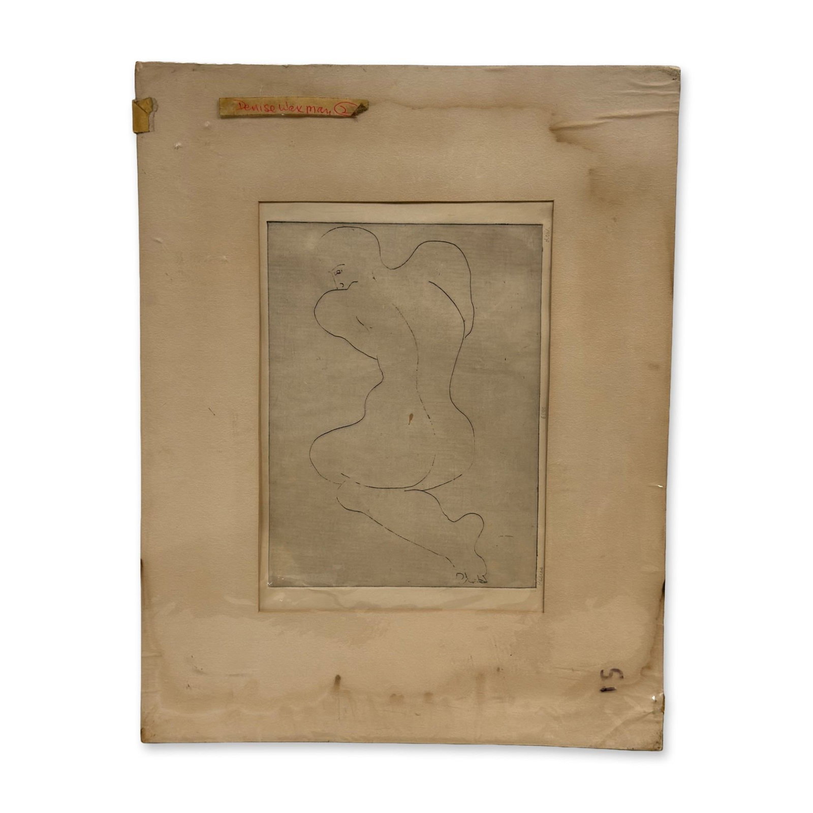Pisces, Etching on Paper: This etching on paper is titled Pisces. The work features an abstract reclining nude figure rendered with minimalist, fluid lines characteristic of the intaglio process. A clear rectangular plate mark