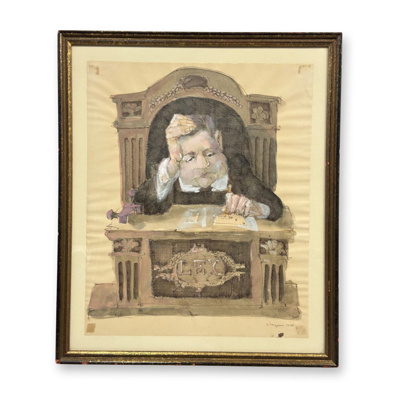 Hank Virgona (American, 1929-2019), Courtroom Scene with Judge, Mixed Media on Paper, 1974: This mixed media artwork on cream wove paper is a satirical caricature by American artist Hank Virgona (1929-2019). The scene depicts a judge or magistrate seated at a high-backed judicial desk, resti