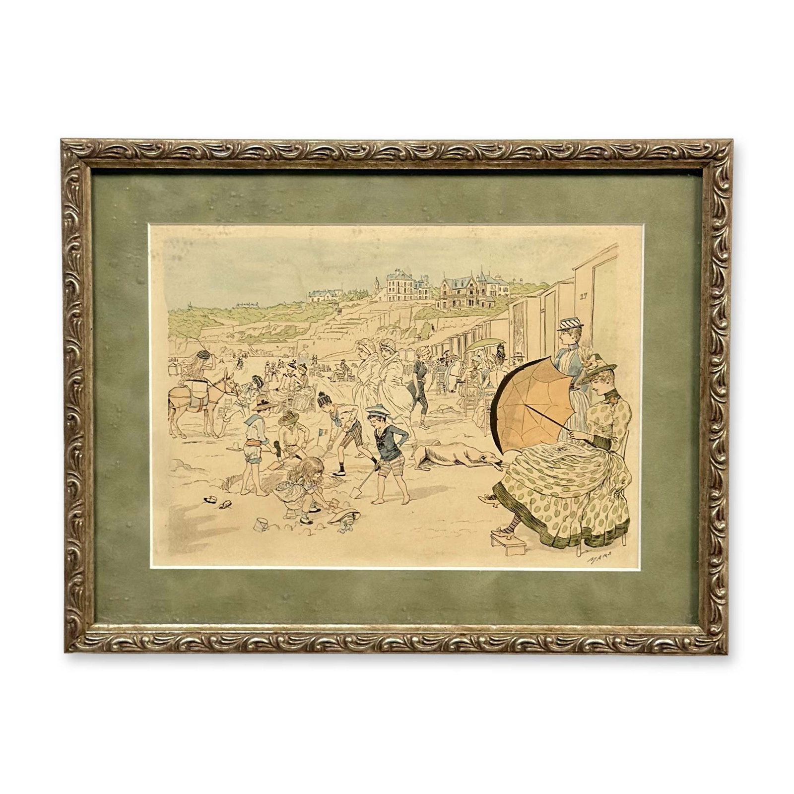 After Maurice Bonvoisin (Belgian, 1849-1912) Print, Plages de Bretagne & Jersey: This item is a framed reproduction of an illustration by Maurice Bonvoisin, who worked under the pseudonym Mars, titled Plages de Bretagne & Jersey. The work is executed in pen and ink with watercolor