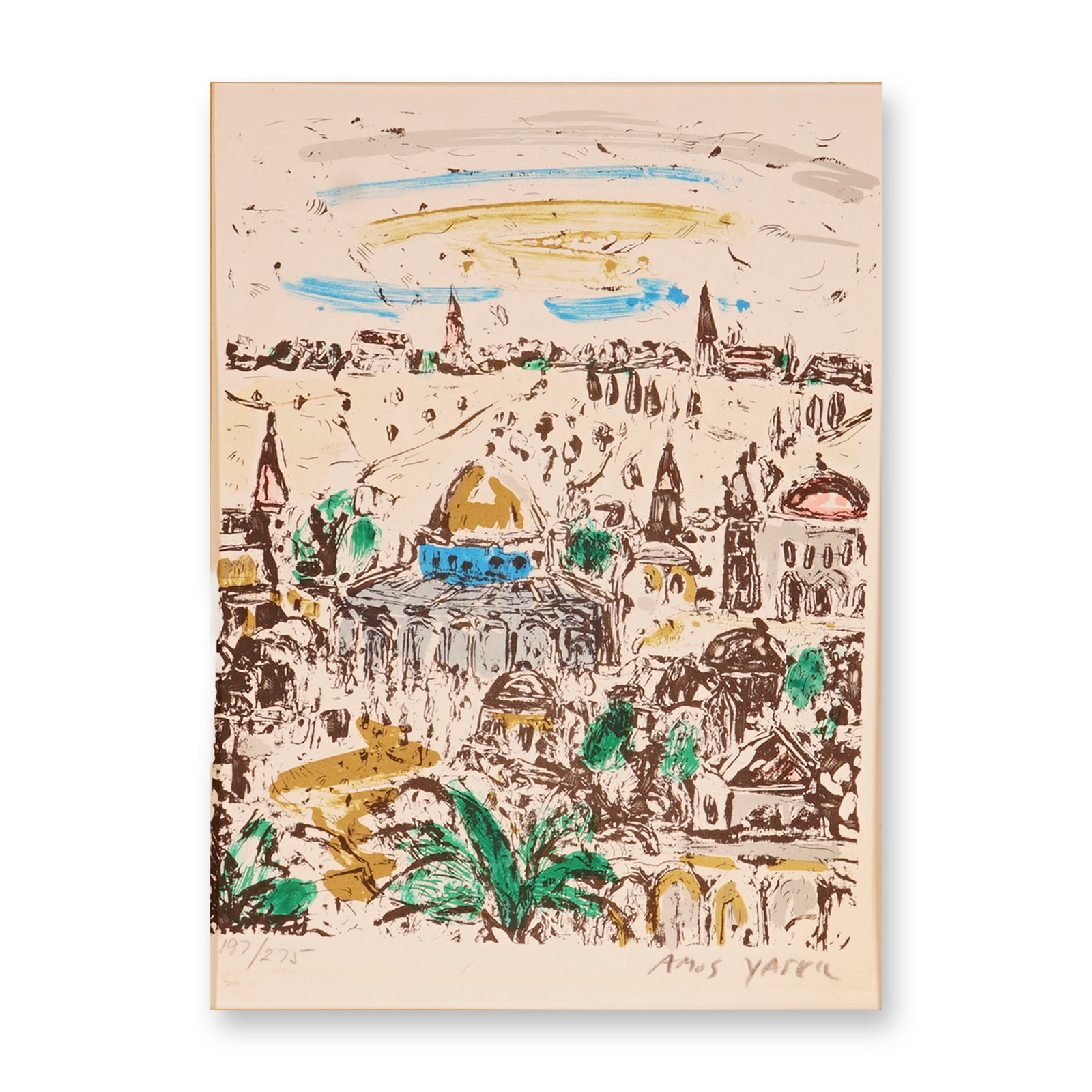Amos Yaskil, Lithograph on Paper The Dome of the Rock of Jerusalem, Signed: Vibrant lithograph by Israeli artist Amos Yaskil, titled The Dome of the Rock of Jerusalem. This limited edition print, numbered 197/275, captures the iconic skyline of Jerusalem with expressive brush