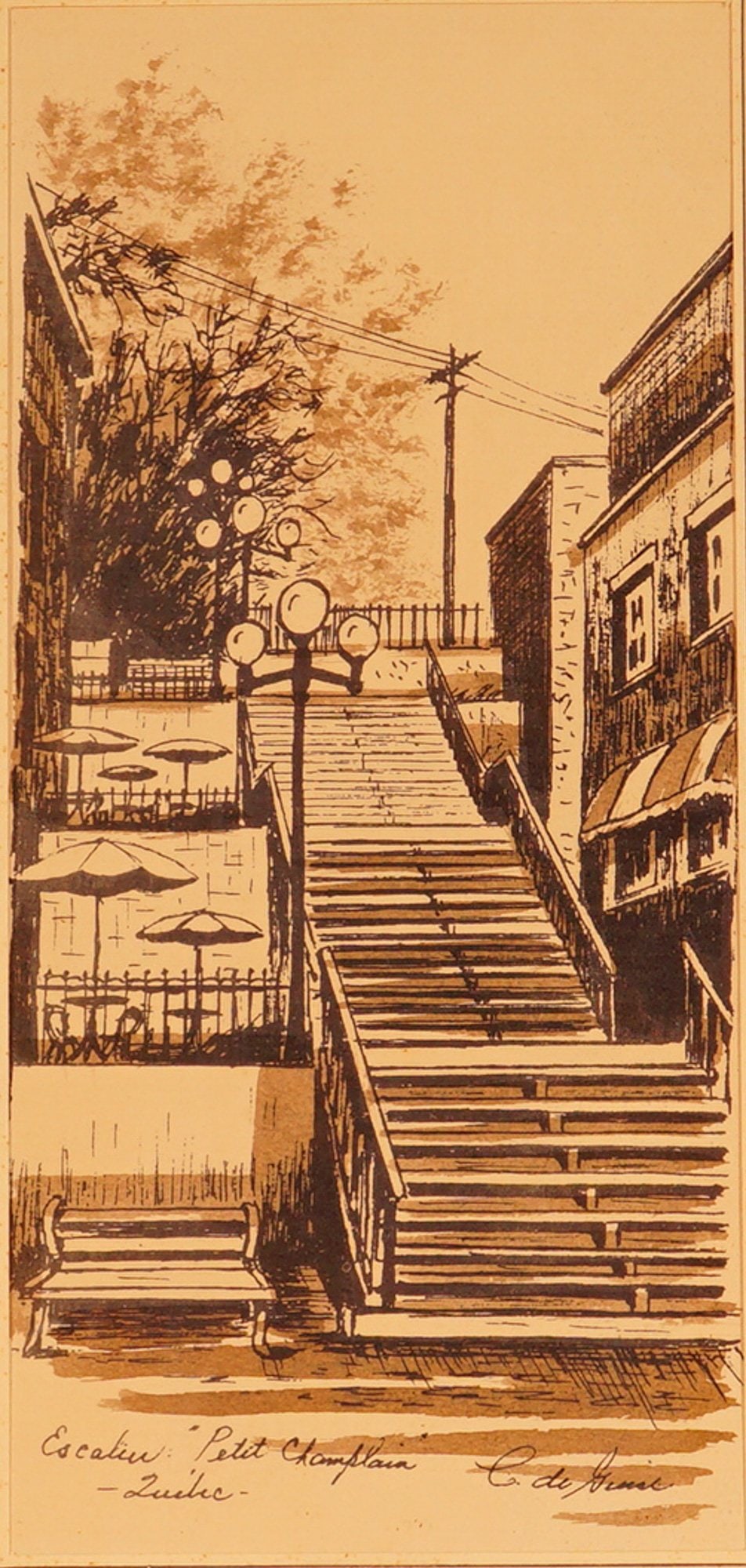 Charles de Guise, Lithograph Print on Paper, Stairs Petit Champlain Quebec: A finely detailed lithograph print by Charles de Guise depicting the charming Escalier Petit Champlain in Quebec City. This sepia-toned work captures the timeless atmosphere of one of the city's most 
