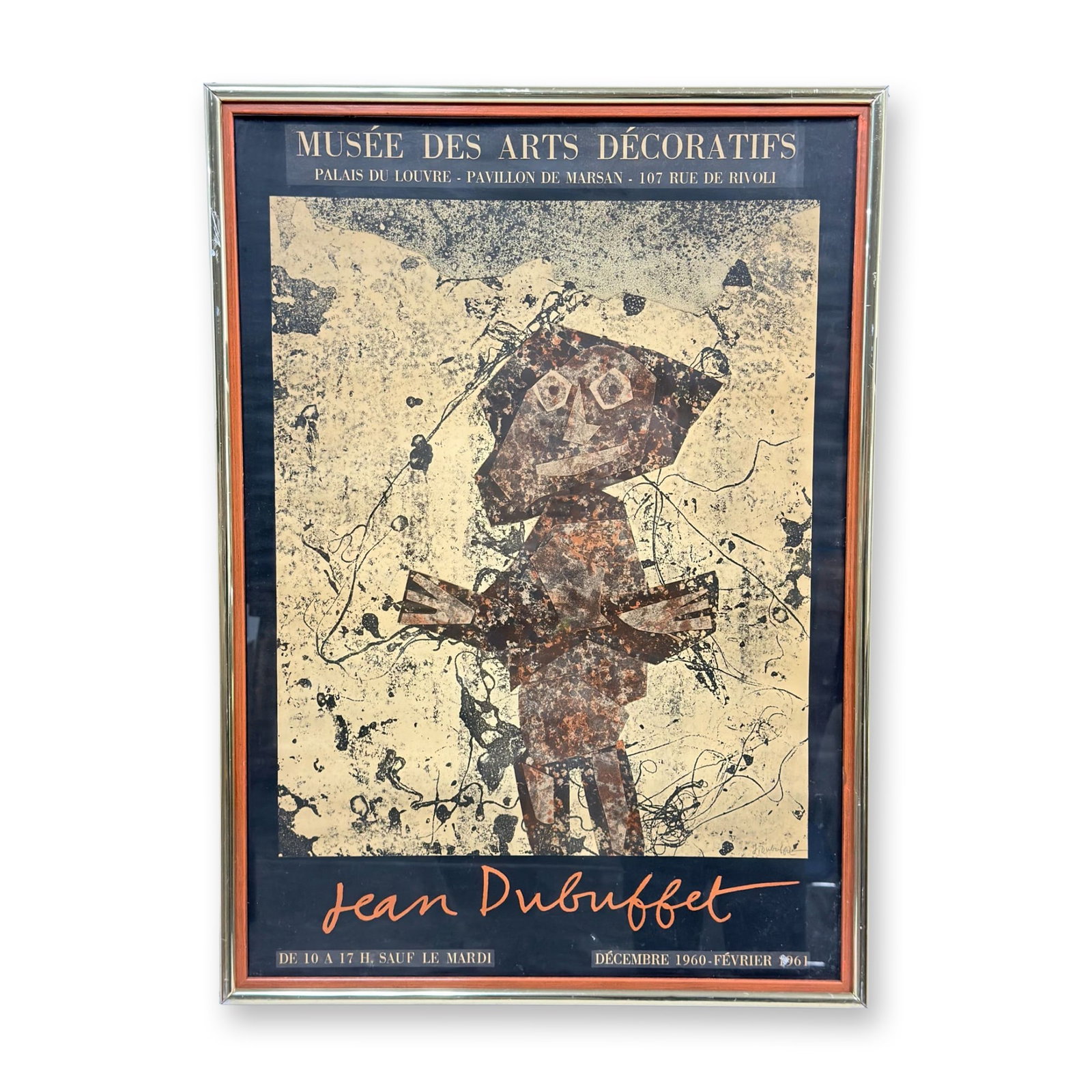 Jean Dubuffet, Homme Abstrait, Exhibition Poster for Musee des Arts Decoratifs, 1961: This original exhibition poster features a lithograph by Jean Dubuffet titled Homme Abstrait, printed by Mourlot for the artist retrospective at the Musee des Arts Decoratifs in Paris. The exhibition 