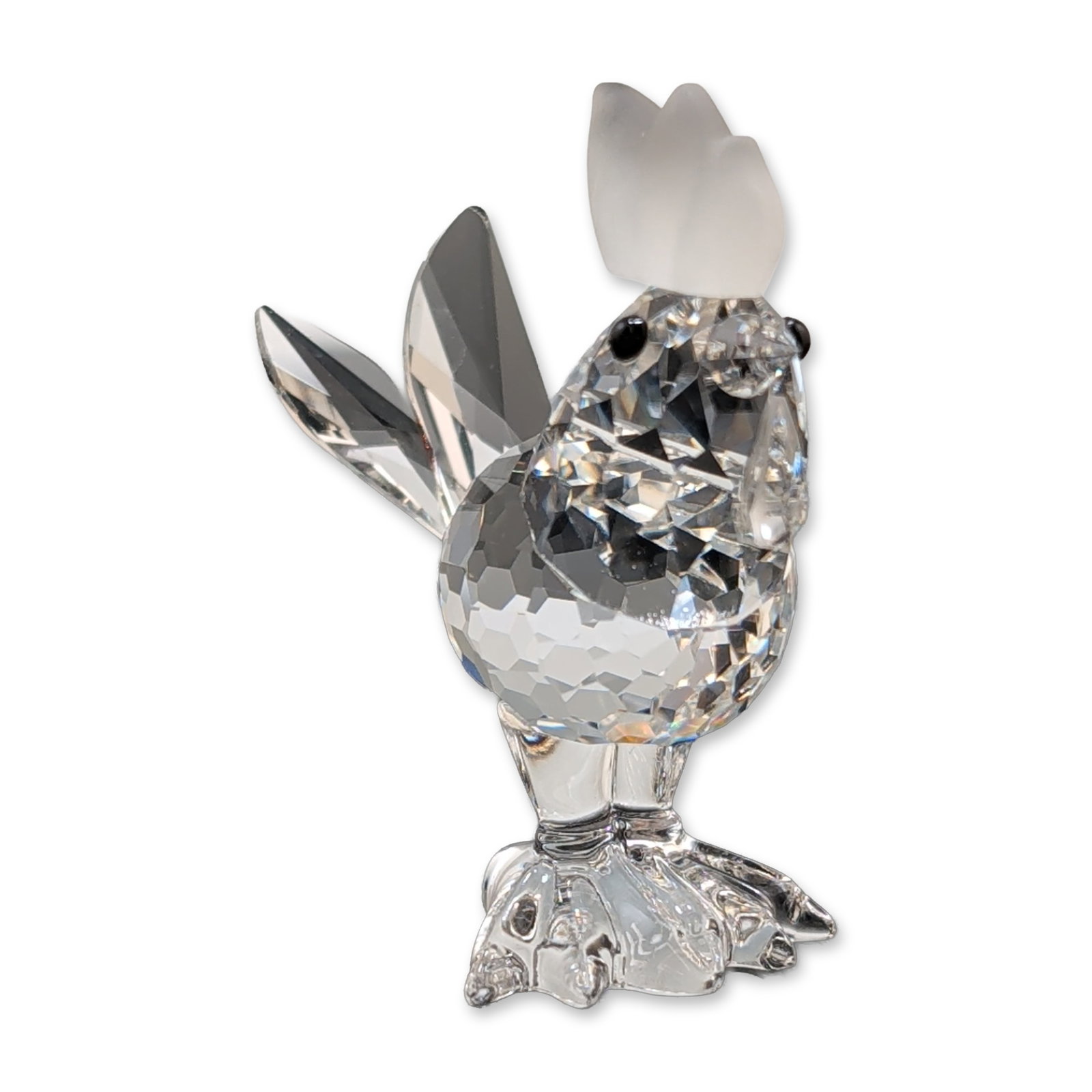 Swarovski Silver Crystal Figurine, Rooster/Cockerel Mini: Swarovski Silver Crystal rooster figurine. Constructed from faceted clear crystal, the piece features a frosted glass comb and wattle with applied black bead eyes. Three elongated pointed crystal face