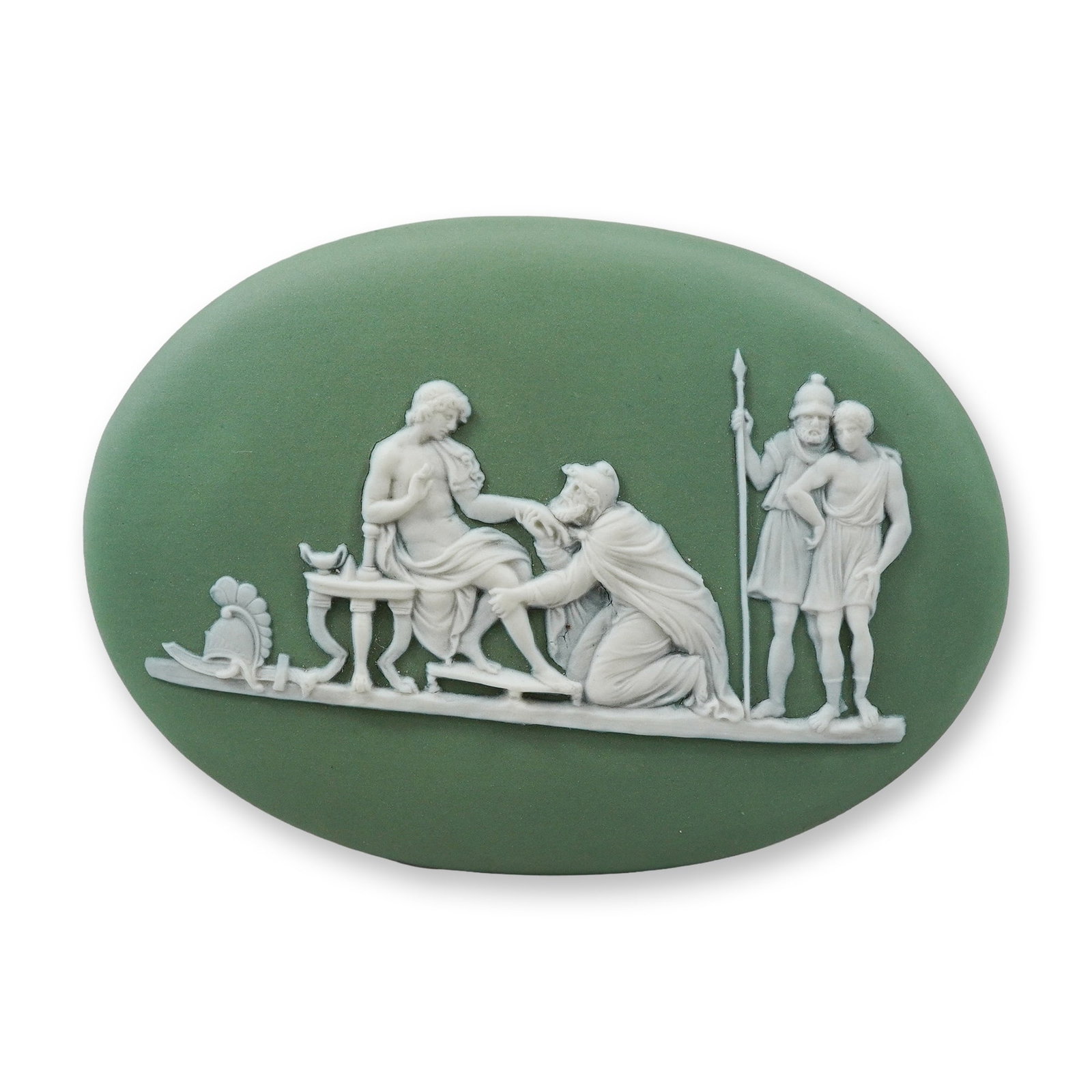 Wedgwood Sage Green Jasperware Oval Plaque Depicting Priam Begging Achilles for the Body of Hector (1 of 3)
