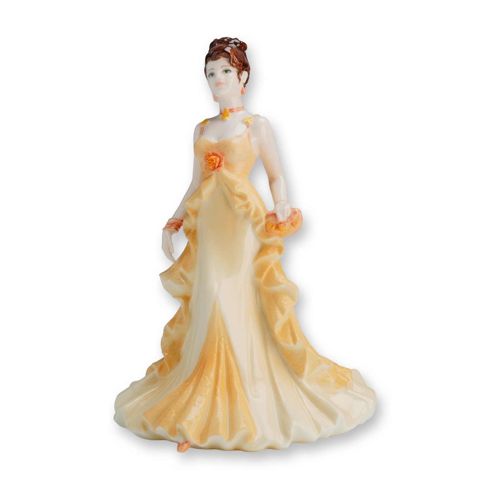 Coalport Collingwood Collection Figurine, Beverley: This hand decorated figure depicts a standing female in a floor-length yellow and cream ruffled gown featuring a floral corsage at the bodice. The figure has brown hair styled in an updo with orange