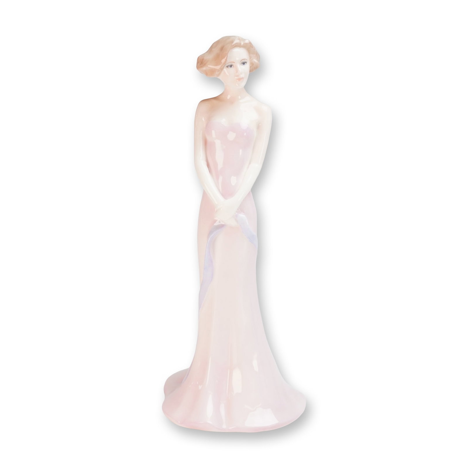 Coalport Silhouettes Kay Bone China Figurine: A Coalport bone china figurine titled Kay from the Silhouettes collection, dated 1996. This hand-decorated piece, manufactured in England, depicts a female figure in a floor-length, pale pink gown