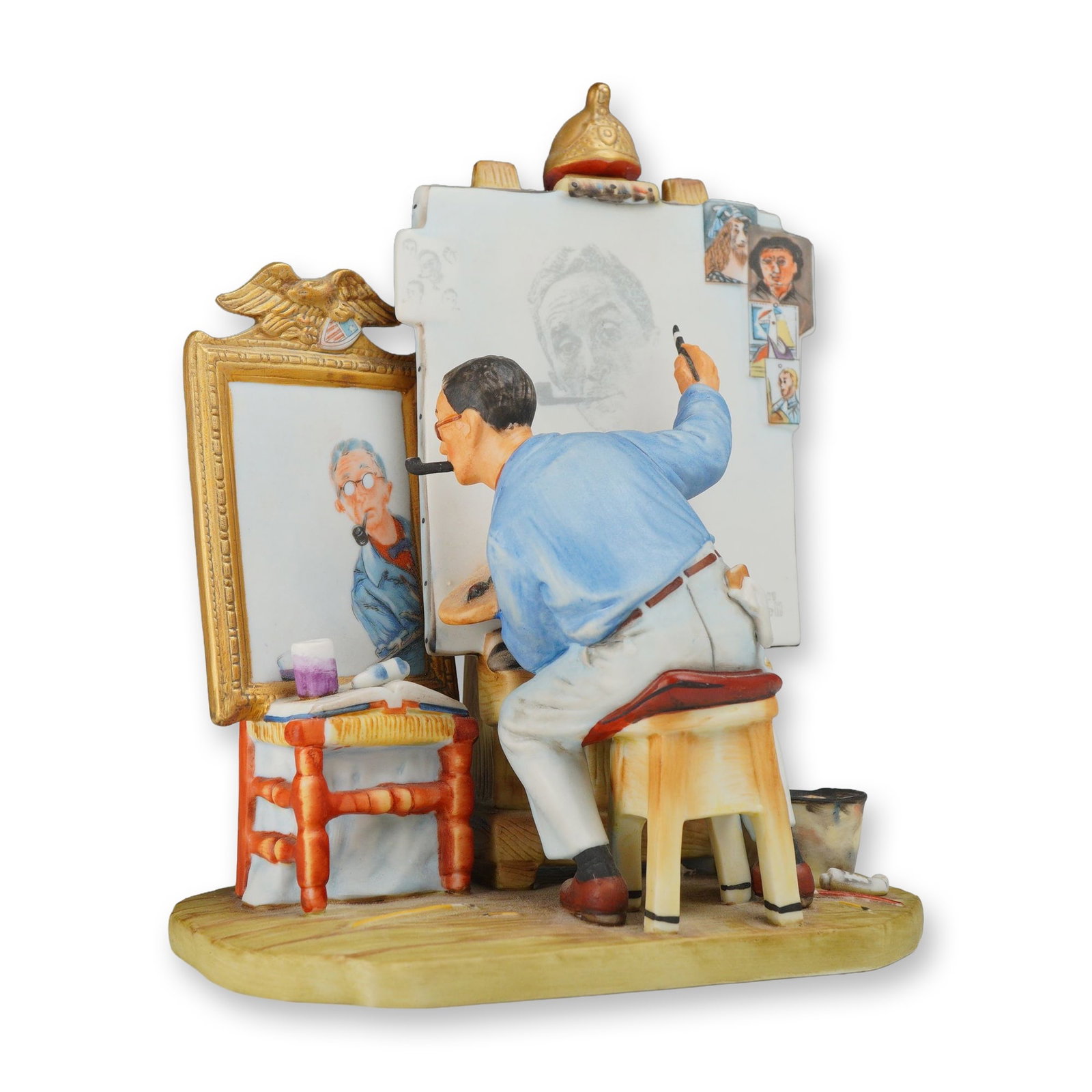 The Gift World of Gorham Norman Rockwell Figurine, Self-Portrait: Produced by Gorham's Gift World collection, this porcelain figurine is based on Norman Rockwell's "Triple Self-Portrait", originally featured on the cover of "The Saturday Evening Post" on February 13