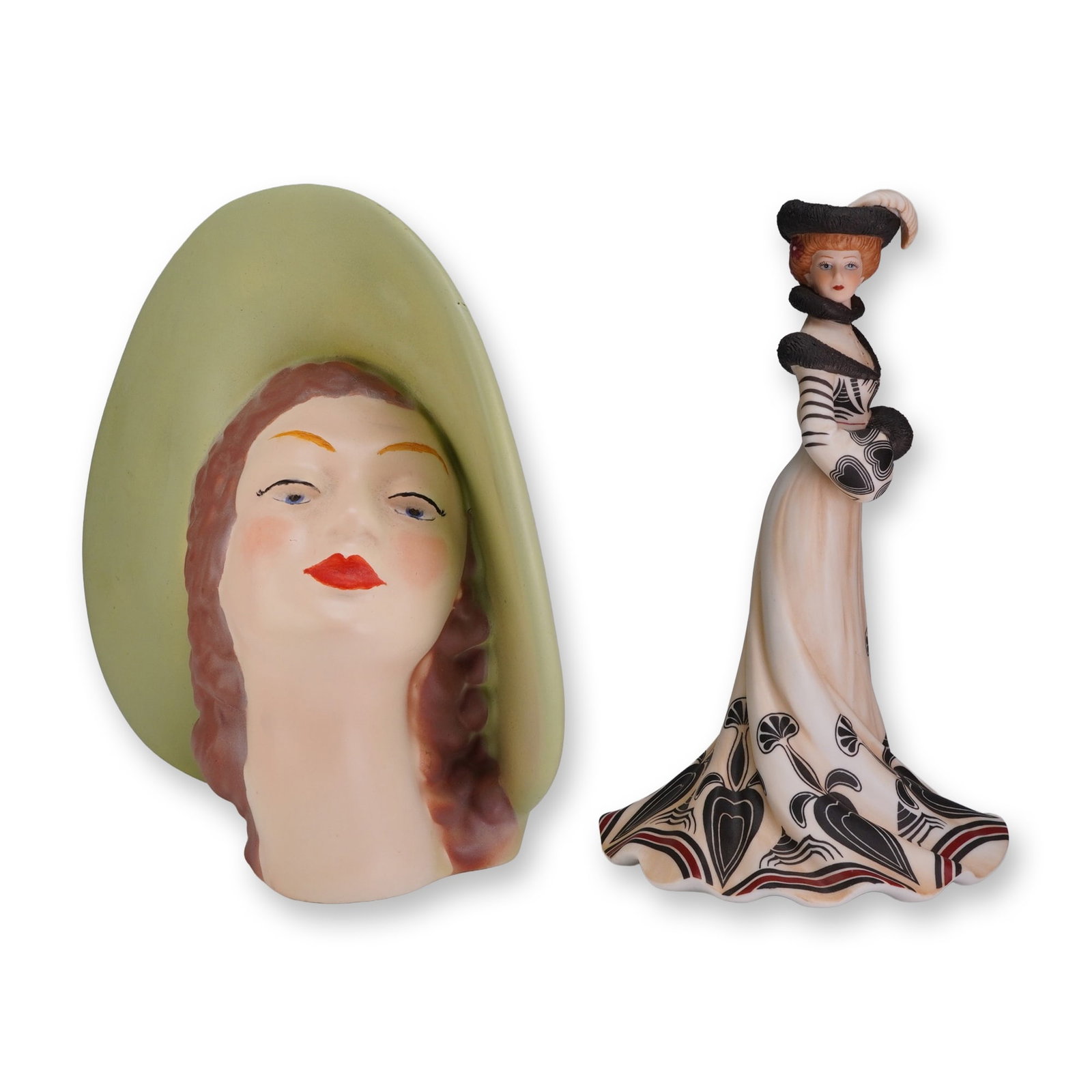 2pc Lady Figurines Including Lenox Tea At The Ritz & Vintage Ceramic Head Wall Pocket: This lot features two decorative lady figurines. The first is a fine porcelain sculpture from the Lenox Collections titled Tea At The Ritz. The figure is depicted in early 20th-century attire, wearing