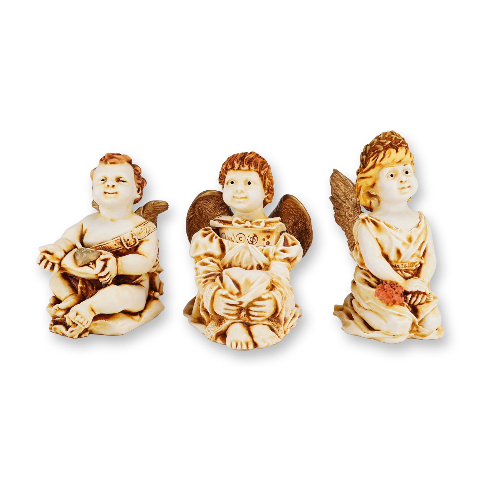 3pc Harmony Kingdom Boxes, Ingenue, Fleur De Lis and Gentil Homme: This lot consists of three Harmony Kingdom cast resin jewelry boxes from the Angelique series, specifically the figures titled Ingenue, Fleur De Lis, and Gentil Homme. Each figurine is crafted from iv