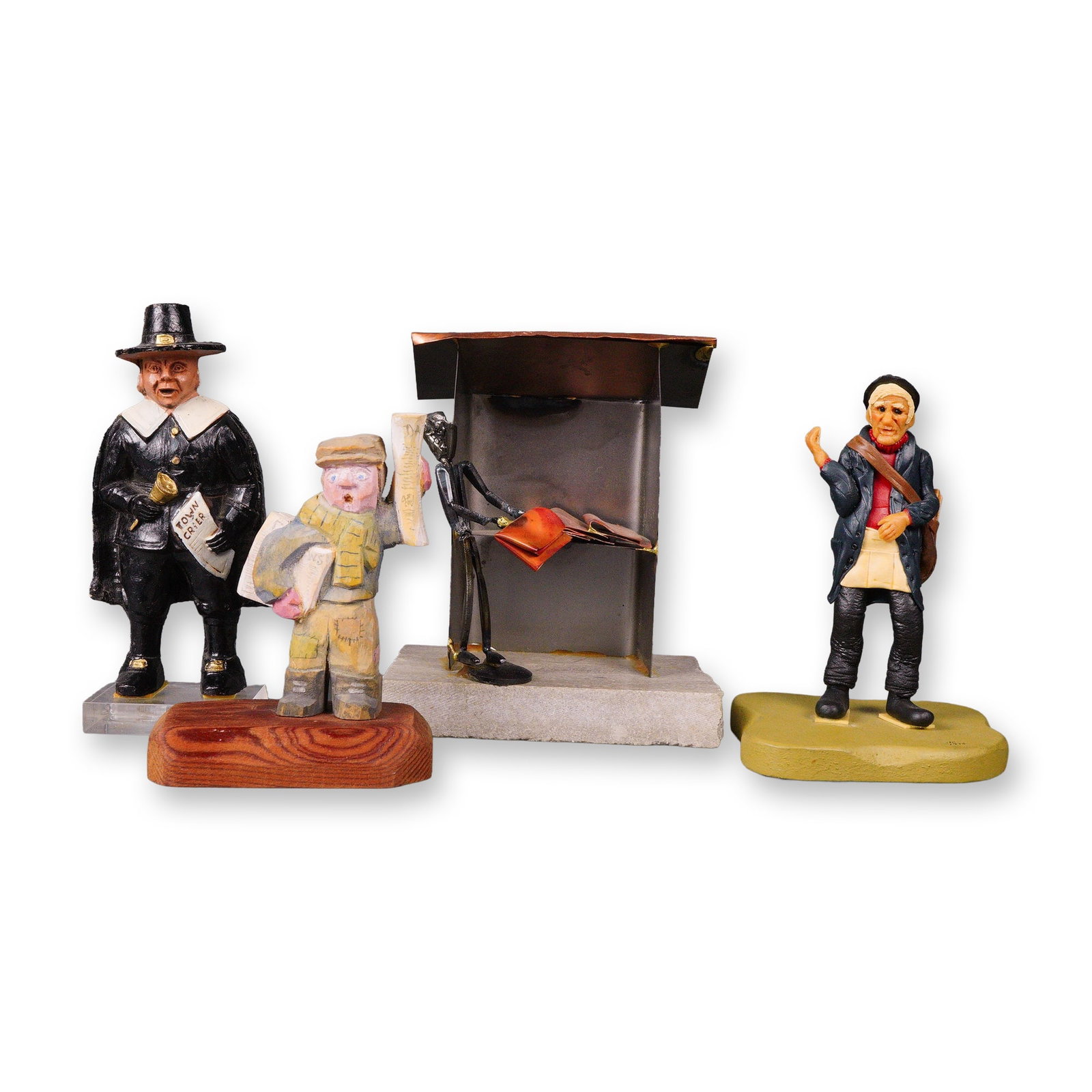 4 Folk Art Figurines & Metal Newspaper Stand on Stone Base (1 of 6)
