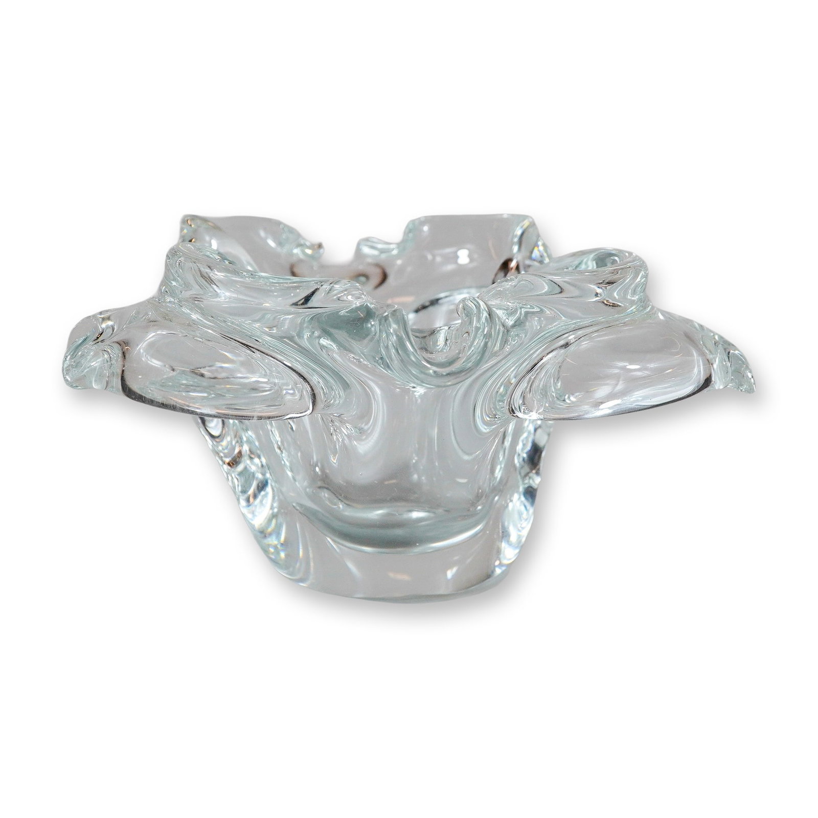 Murano Style Clear Glass Butterfly Dish: Mid-century modern Murano style centerpiece bowl or ashtray in heavy clear art glass, featuring an organic, multi-lobed butterfly form. The piece is characterized by an undulating rim and thick,