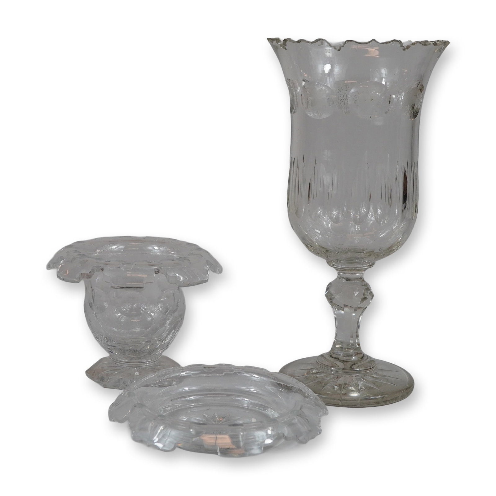 Three Piece Cut Glass Collection Including a Tall Celery Vase and a Ruffled Dish (1 of 4)