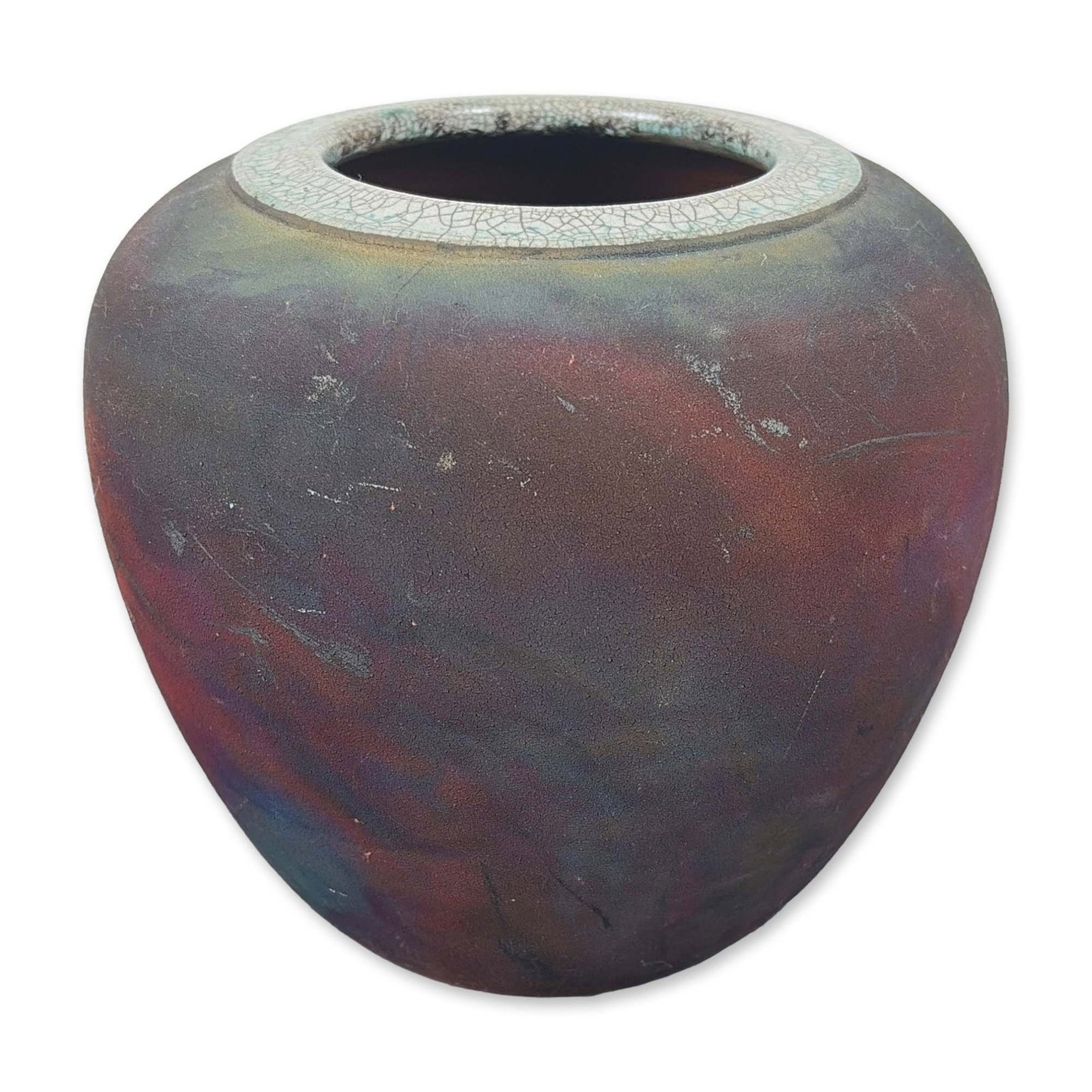 Leslie Mitchell Texan Raku Stoneware Vessel: Leslie Mitchell globular studio pottery vessel in raku-fired stoneware, featuring a copper matte flash glazed body with variegated iridescent hues. The circular rim is finished with a white crackle