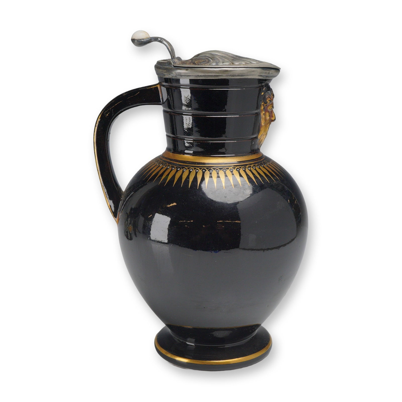 Wedgwood 19th-Century KPM Black-Glazed Earthenware Doric Pitcher: A 19th-century neoclassical pitcher in the Doric pattern, crafted from a reddish-brown earthenware body with a high-gloss black glaze. The vessel features a bulbous body, a waisted neck with horizonta