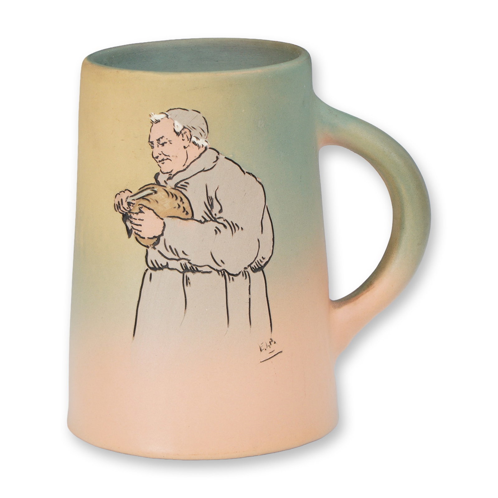 Weller Pottery Handled Mug with Monk Decoration: A rare Weller Pottery hand-painted handled mug, featuring a finely detailed image of a monk in robe. The surface is finished in Weller's signature matte pastel glaze blending peach, green, and blue