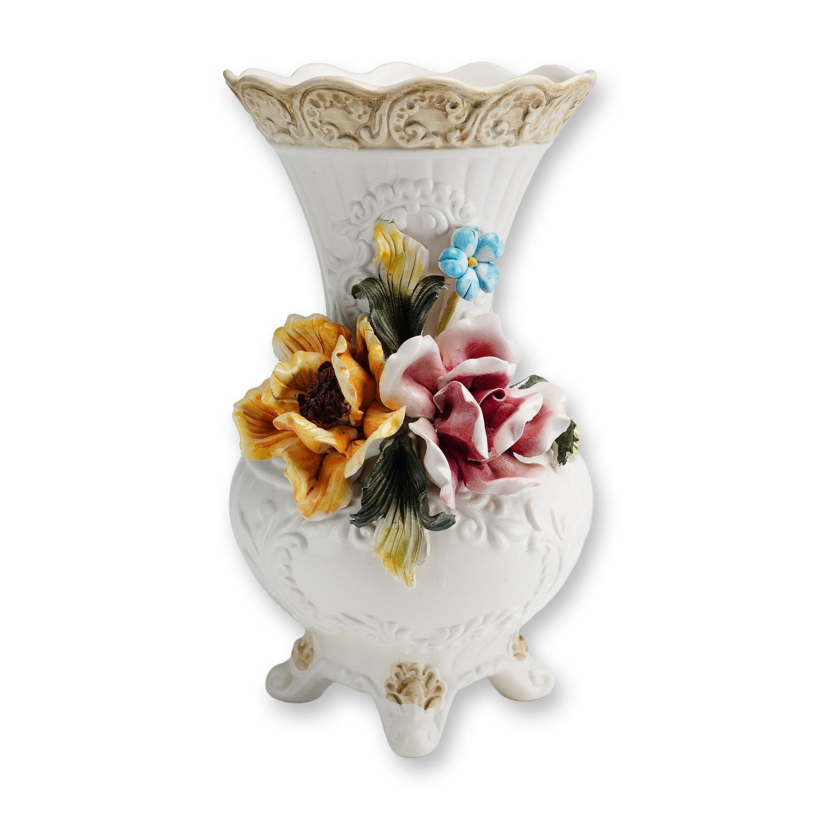 Italian Capodimonte Porcelain Applied Floral Footed Vase (1 of 3)