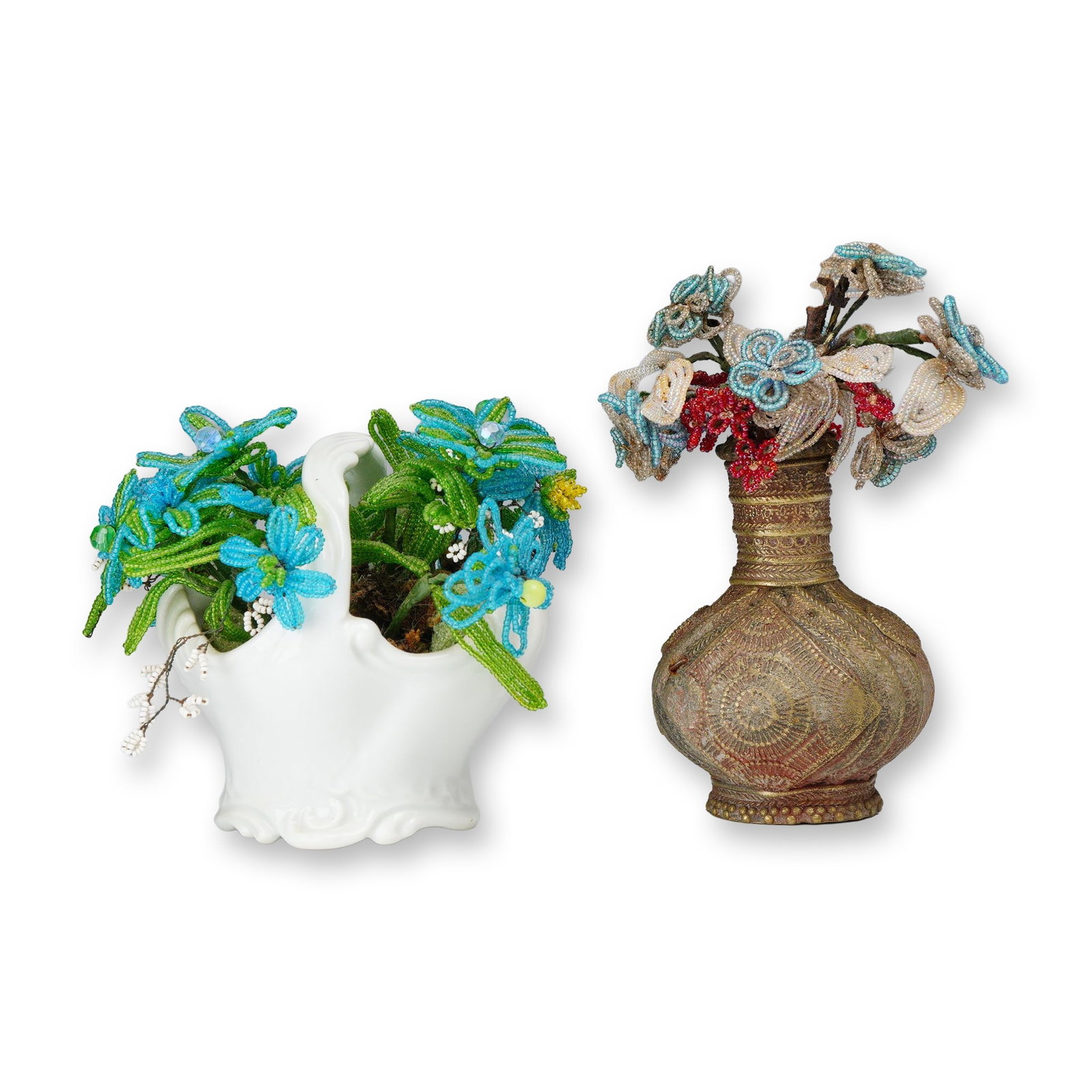 Pair of Japanese Porcelain and Metal Bottle Vase Beaded Flower Arrangements: Two vintage wire and glass bead flower arrangements in contrasting decorative vessels. One arrangement features blue and green glass seed beads with small white accents, presented in a white glazed