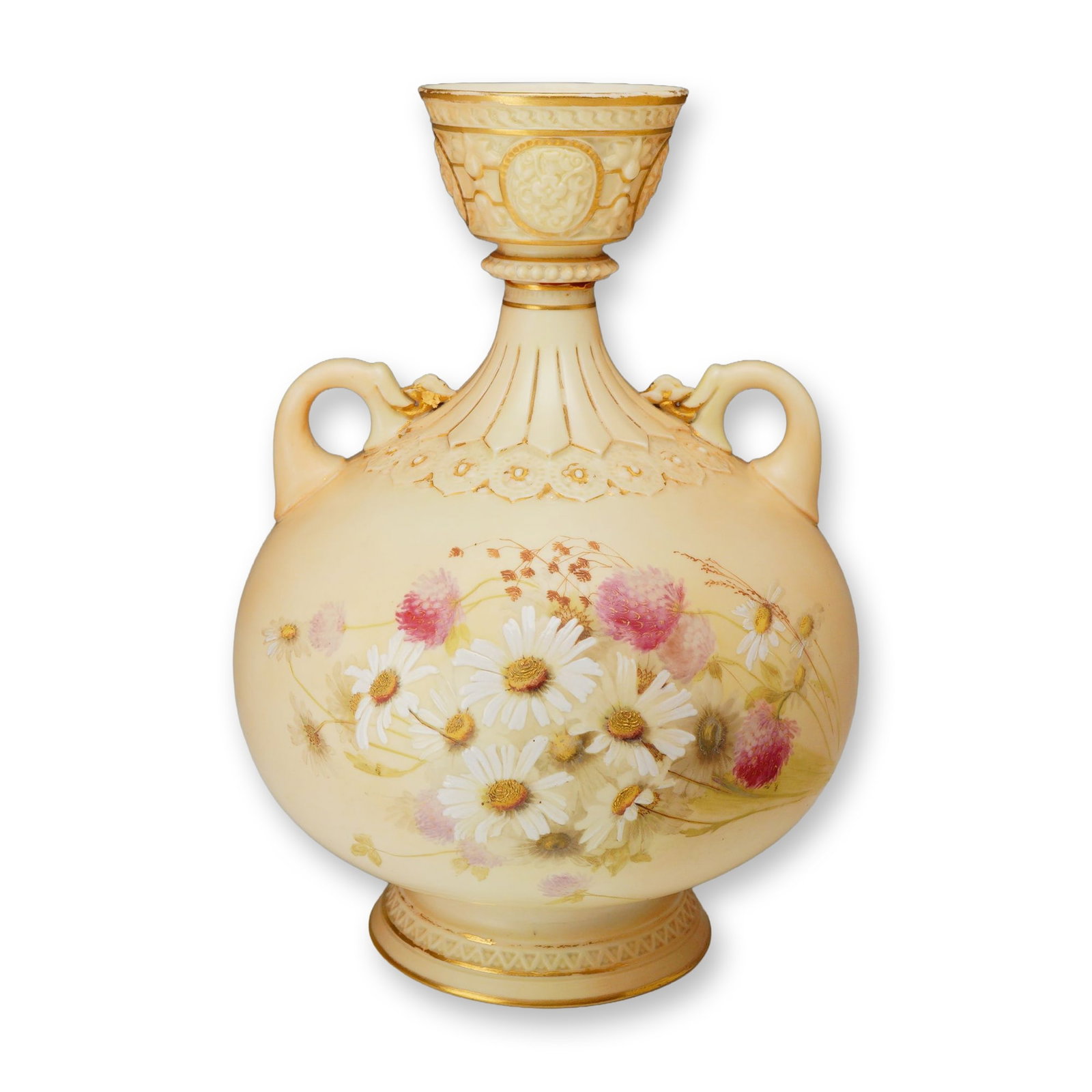 Royal Worcester Blush Ivory Twin-Handled Vase: Royal Worcester late 19th-century blush ivory porcelain twin-handled chalice vase. This vessel features a globular body transitioning into a fluted, tapering neck topped with a flared chalice-style