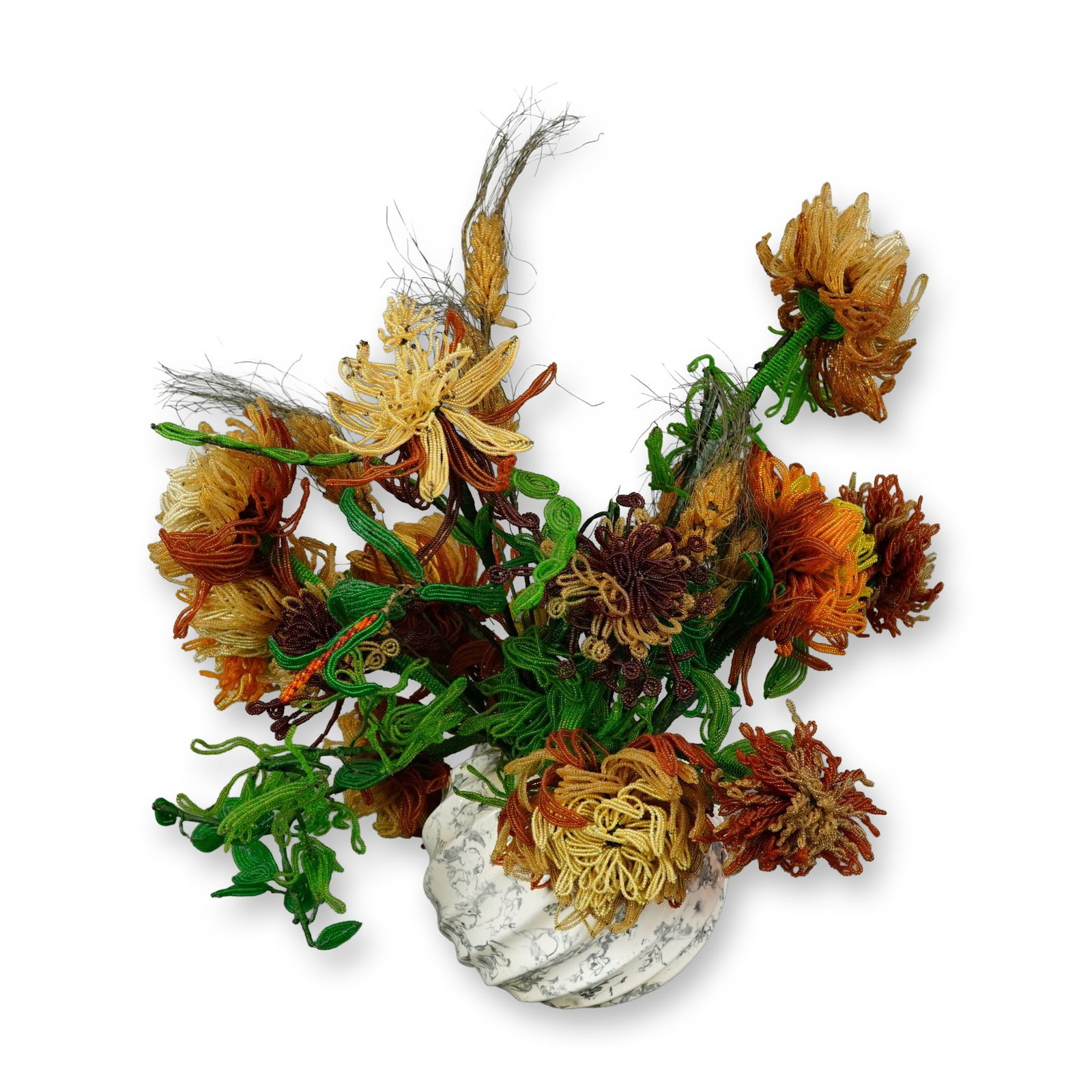 Vintage French Beaded Flower Arrangement in California Pottery Vase: Vintage French wire and glass bead flower arrangement in an autumn color palette, presented in a California pottery vase. The intricate bouquet features floral forms resembling dahlias and