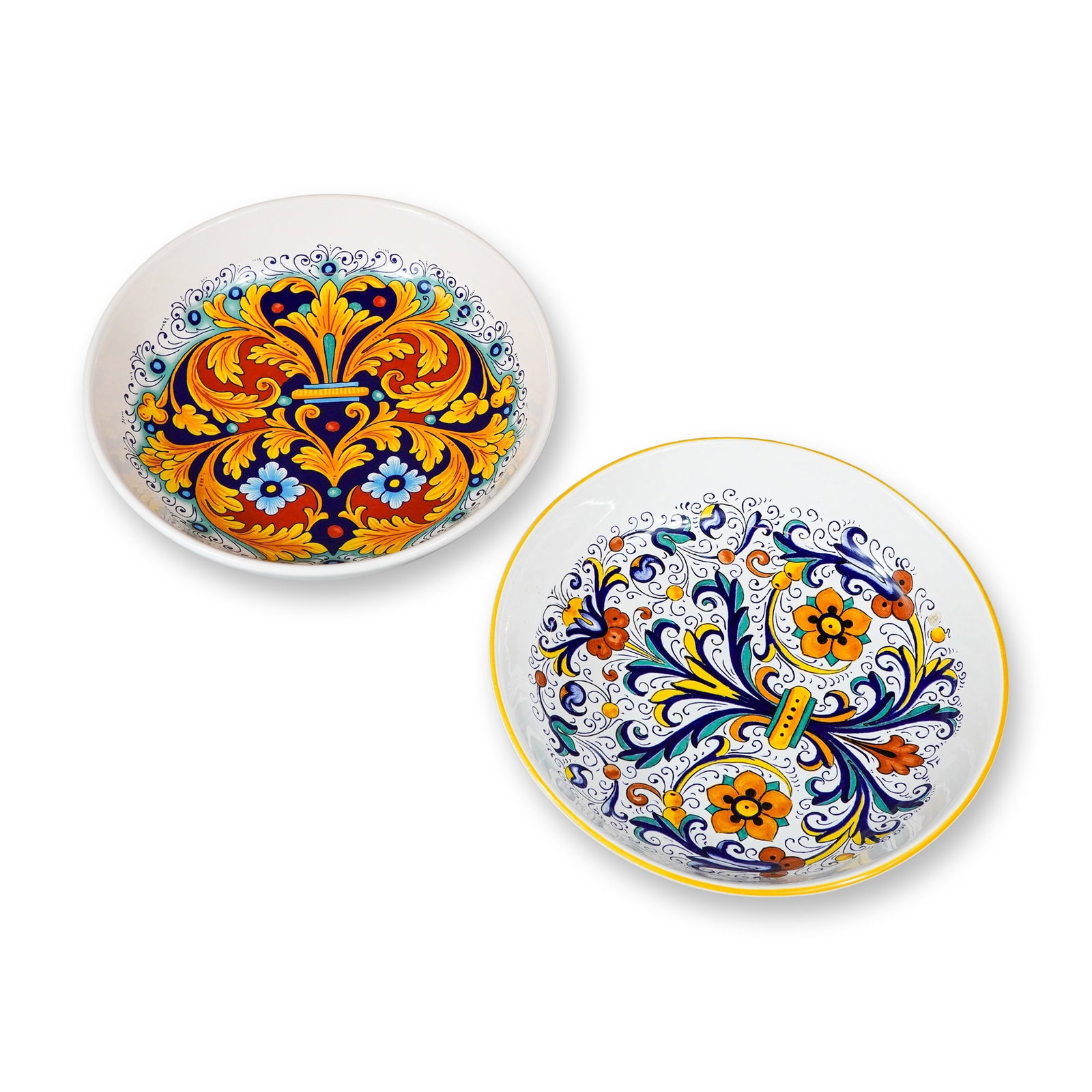 2pc Ceramica Nova Deruta Serving Bowls: Ceramica Nova Deruta. Pair of contemporary Italian serving bowls in glazed earthenware, featuring traditional Renaissance-inspired patterns. One bowl displays a Raffaellesco style symmetrical foliate