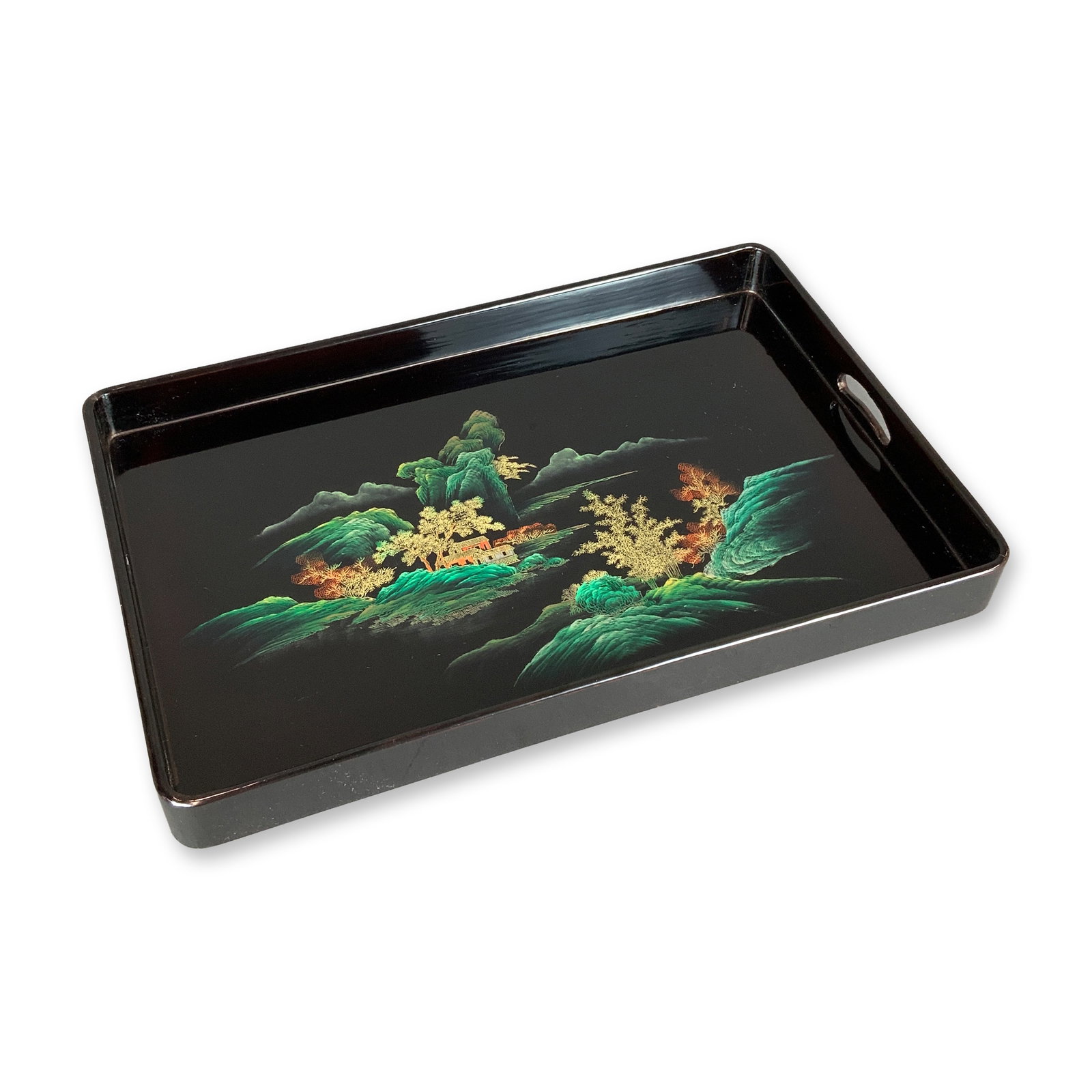 Asian Lacquered Landscape Motif Serving Tray: This is a vintage Chinese rectangular black lacquerware serving tray featuring a hand-painted mountain landscape scene in green, red, and gold. Includes original box. Dimensions: 19.00"L x 12.00"W x 1