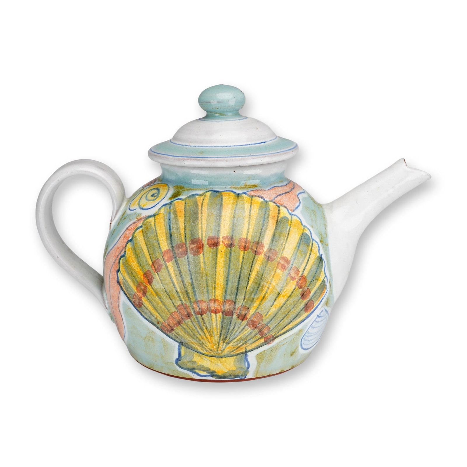 Daphne Carnegy Hand-Painted Tin-Glazed Earthenware Teapot: Hand-painted ceramic teapot with lid, made by Daphne Carnegy. This piece is crafted from tin-glazed earthenware over a red clay body in the majolica tradition. The teapot has a globular body, a straig