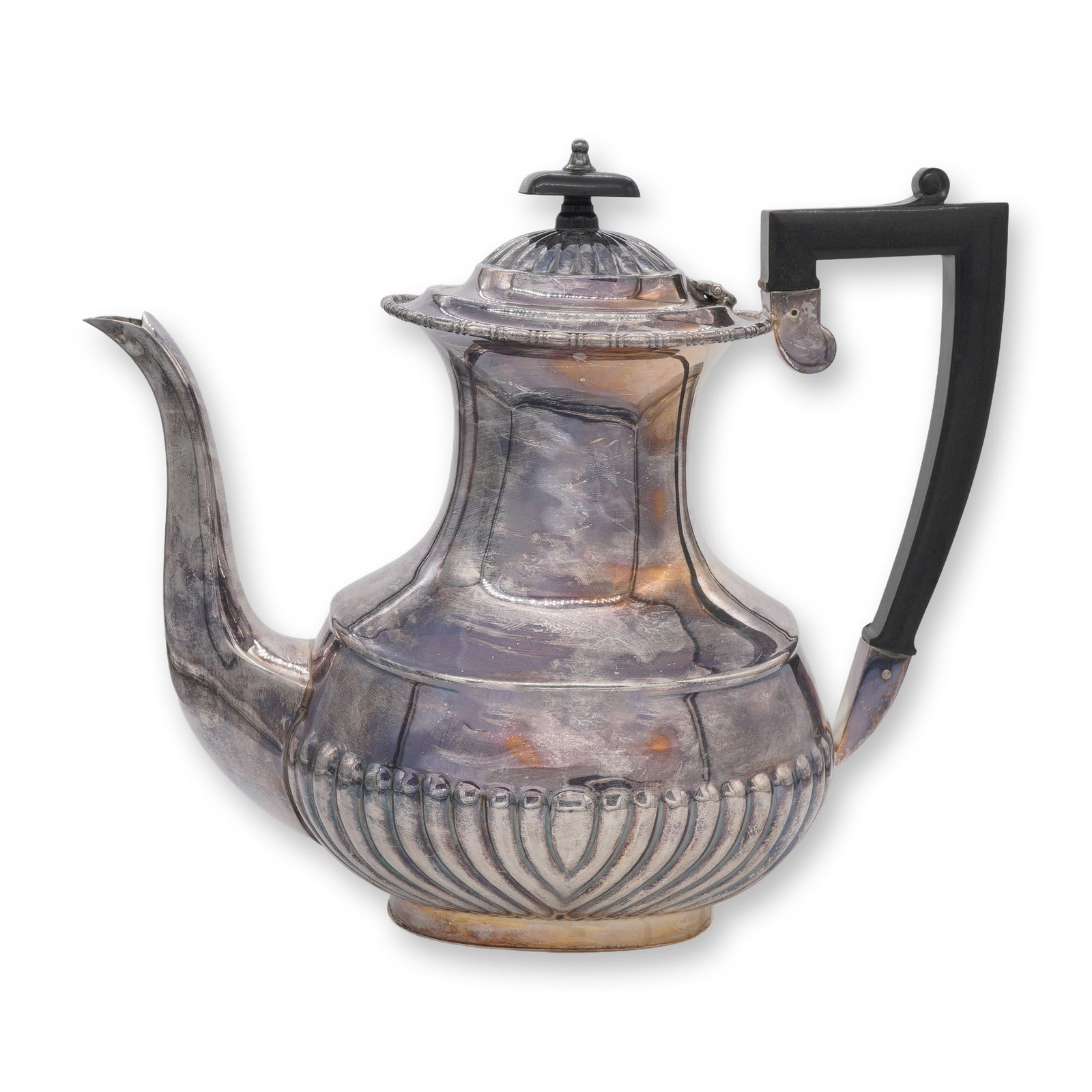 William Adams and Sons Silver-Plated Coffee Pot: The vessel is designed in a Georgian Revival style, featuring a tall baluster-shaped body with a pedestal base. The lower portion of the body and the hinged lid are decorated with a pattern of gadroon