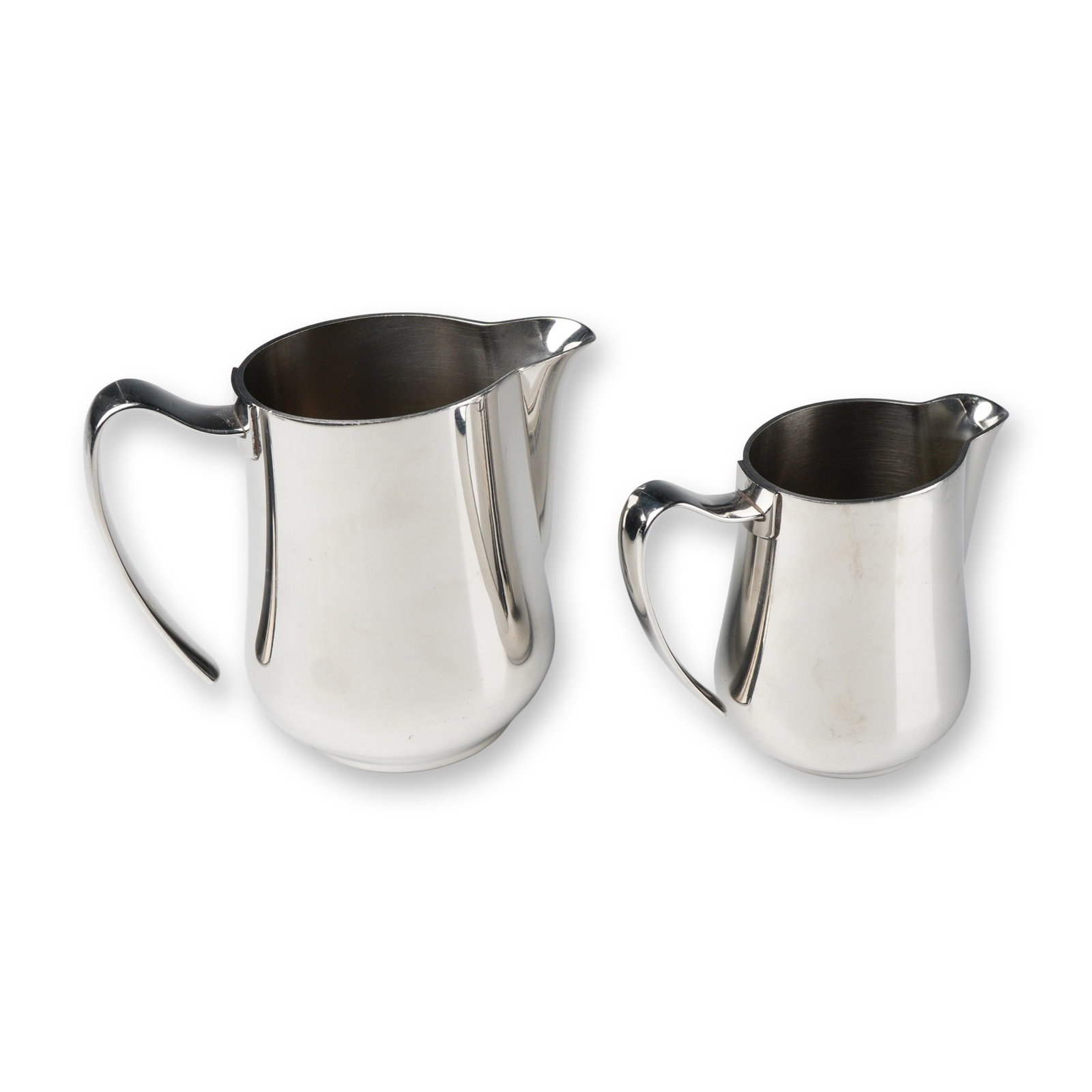 A Pair of Sambonet Italy Elite Stainless Steel Creamers: A pair of modern serving vessels identified as Sambonet, likely in the Elite style, comprising two differing sizes of creamers or milk pots. These Sambonet Italy creamers are constructed from highly p