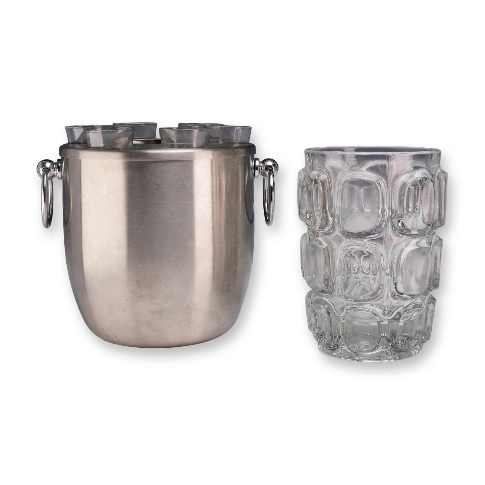 Oggi Stainless Steel Shot Chiller and Textured Glass Vessel: Barware group featuring an Oggi Corporation stainless steel shot chiller set and a molded clear glass vessel. The Oggi set is constructed of 18/8 stainless steel with a brushed exterior finish and pol