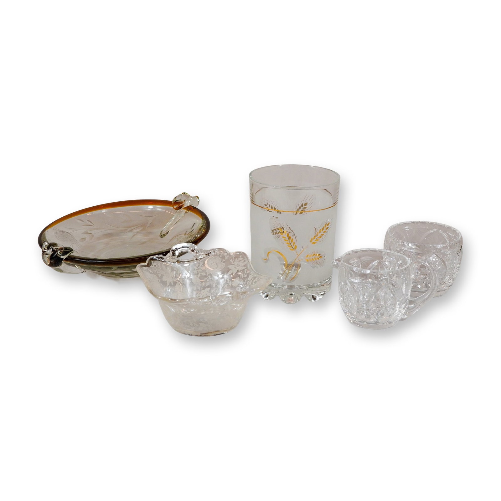 5pc Glass Ice Bucket, Cream and Sugar Set, and Etched Bowls (1 of 3)