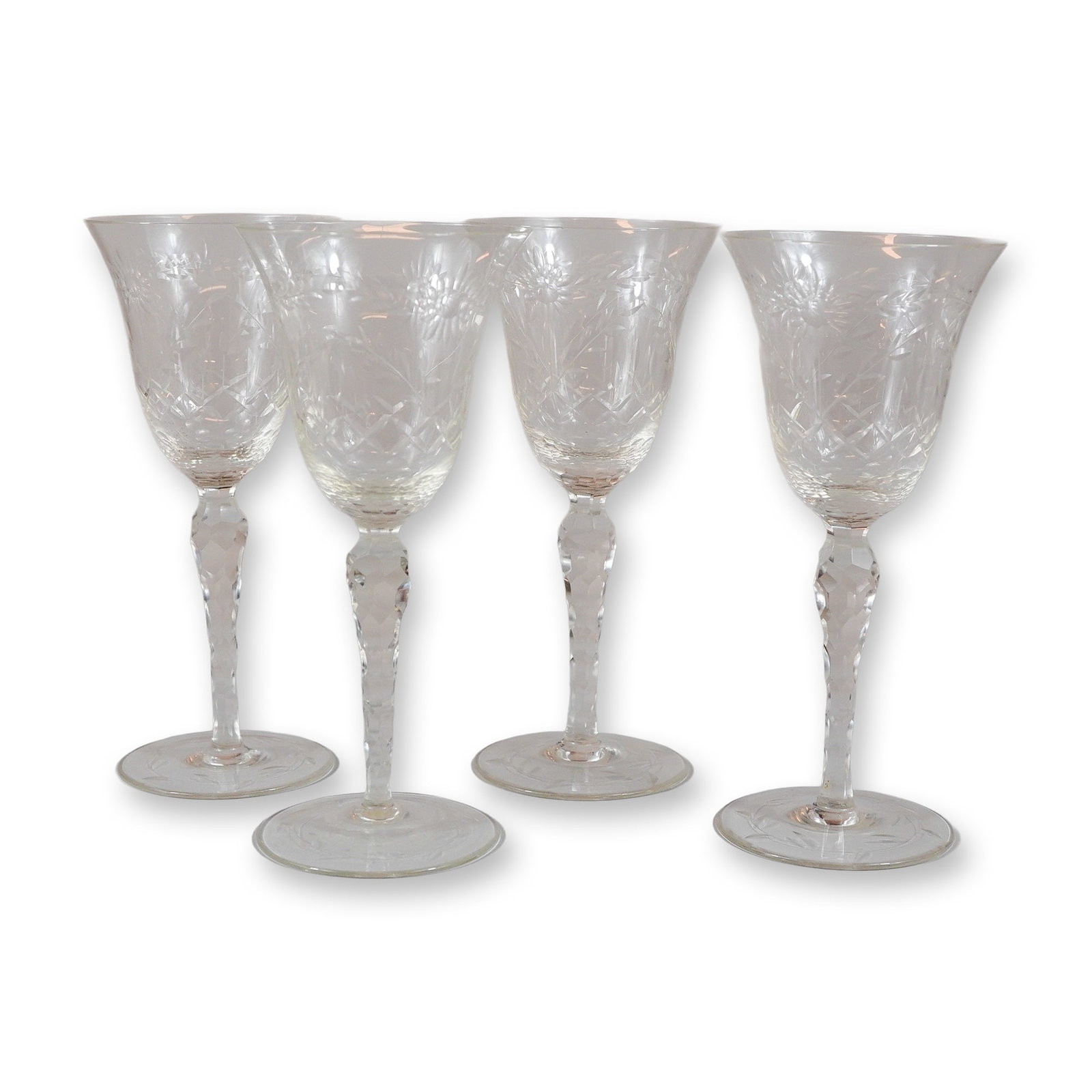 4pc Cut Glass Decorated Wine Glasses with Faceted Stems (1 of 3)