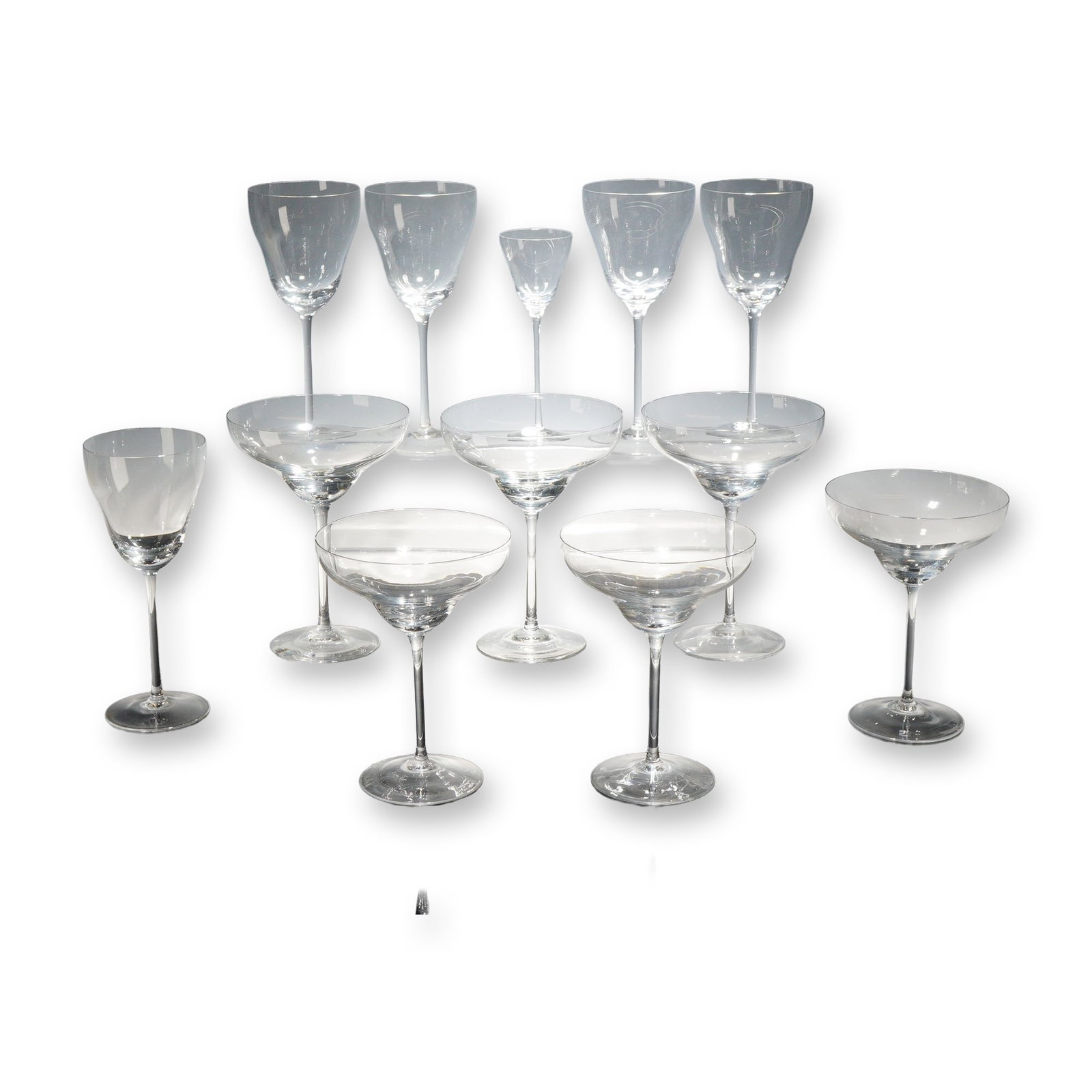 12pc Rosenthal Romance II Crystal Glassware Set: Rosenthal molded and pulled crystal glassware service in the Romance II pattern. This mid-century modern style set is crafted from clear, colorless crystal, characterized by thin-walled bowls,