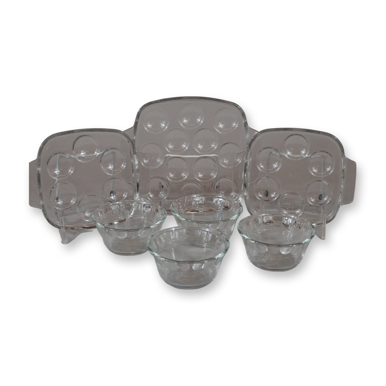 7pc Vintage Pyrex France Clear Glass Grouping Including Four Ramekins and Three Escargot Plates (1 of 4)