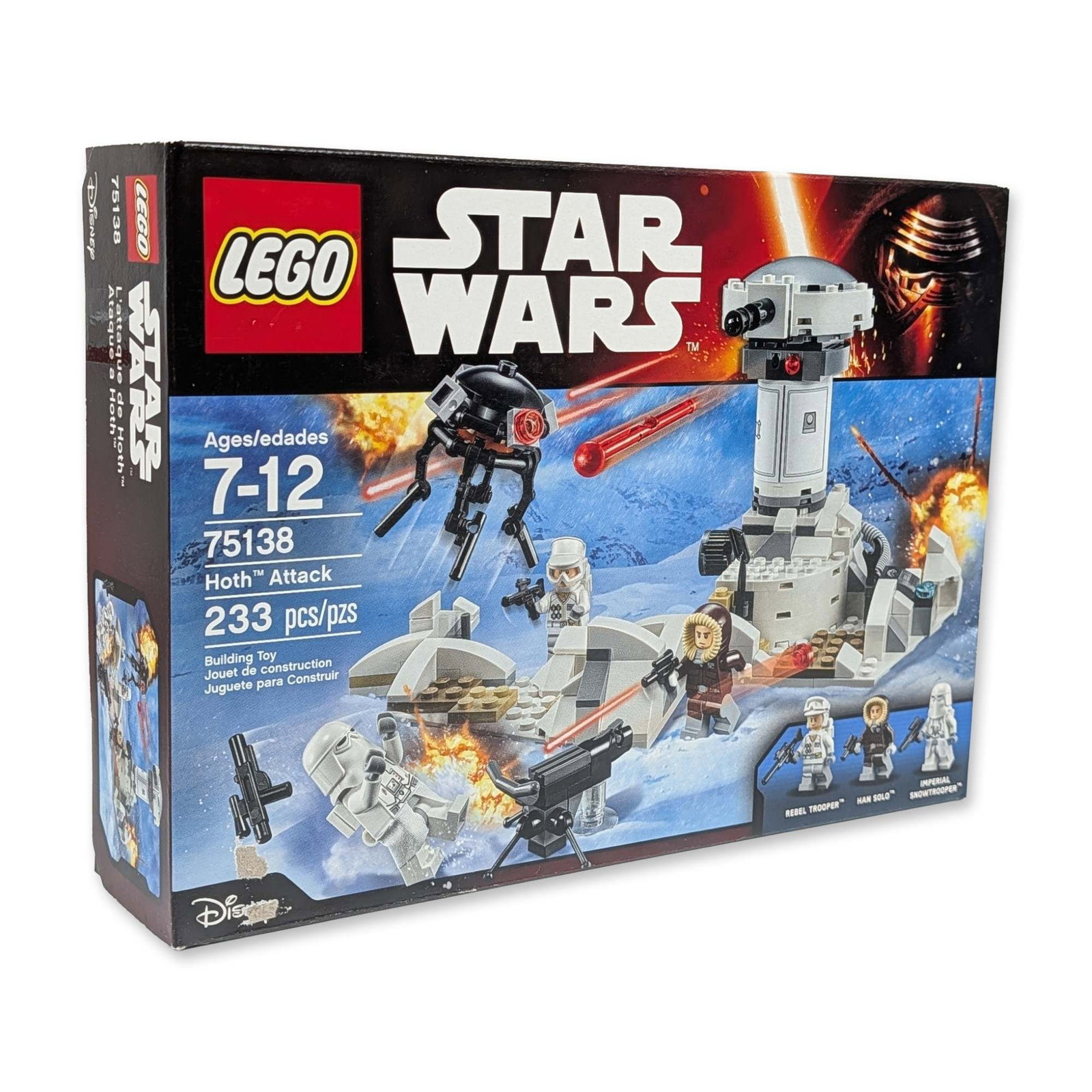LEGO Star Wars 75138 Hoth Attack Set: The LEGO Group, 2016. LEGO Star Wars Hoth Attack building set in plastic, featuring 233 pieces. Includes three minifigures: Han Solo in Hoth gear, a Rebel Trooper, and an Imperial Snowtrooper, alongsi