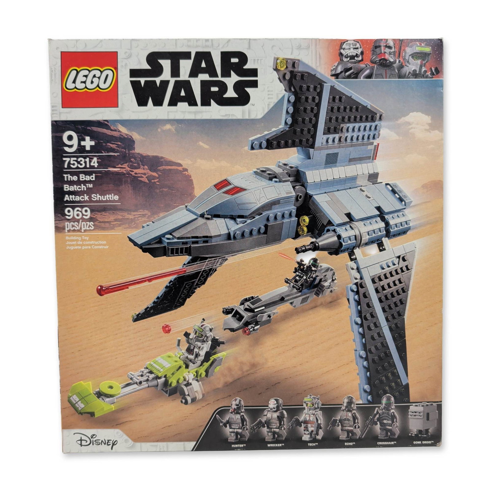 LEGO Star Wars The Bad Batch Attack Shuttle 75314: LEGO Star Wars construction set 75314, The Bad Batch Attack Shuttle. This plastic building set contains 969 pieces to assemble the Havoc Marauder shuttle and two speeder bikes. The set includes six fi