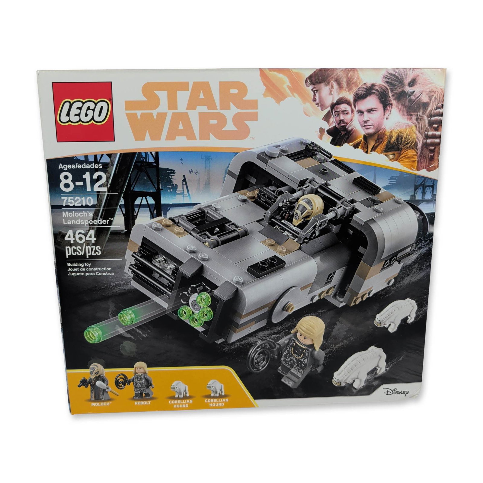 LEGO Star Wars 75210 Molochs Landspeeder: LEGO Star Wars building set 75210, Molochs Landspeeder, based on Solo: A Star Wars Story. Construction set in plastic, featuring an opening cockpit, rotating rapid stud shooter, and hidden rear compar