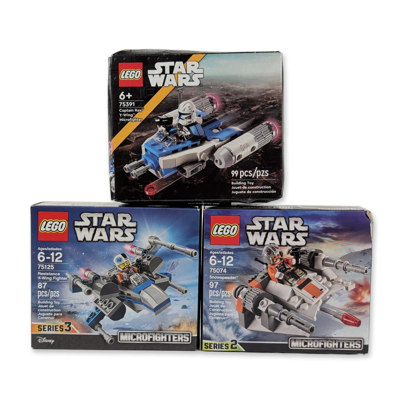 3pc LEGO Star Wars Microfighters Construction Sets: LEGO Group Star Wars Microfighters collection comprising three individual construction sets in molded plastic, each in original retail packaging. The group features Captain Rex Y-Wing (75391) with Cap
