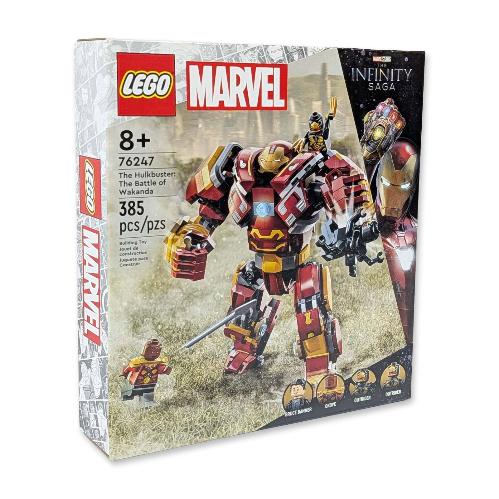 LEGO Marvel The Hulkbuster: Battle of Wakanda 76247: LEGO Marvel The Infinity Saga construction set, model 76247 The Hulkbuster: The Battle of Wakanda. Plastic building kit featuring a posable Hulkbuster mech with an opening cockpit and 385 pieces. Incl