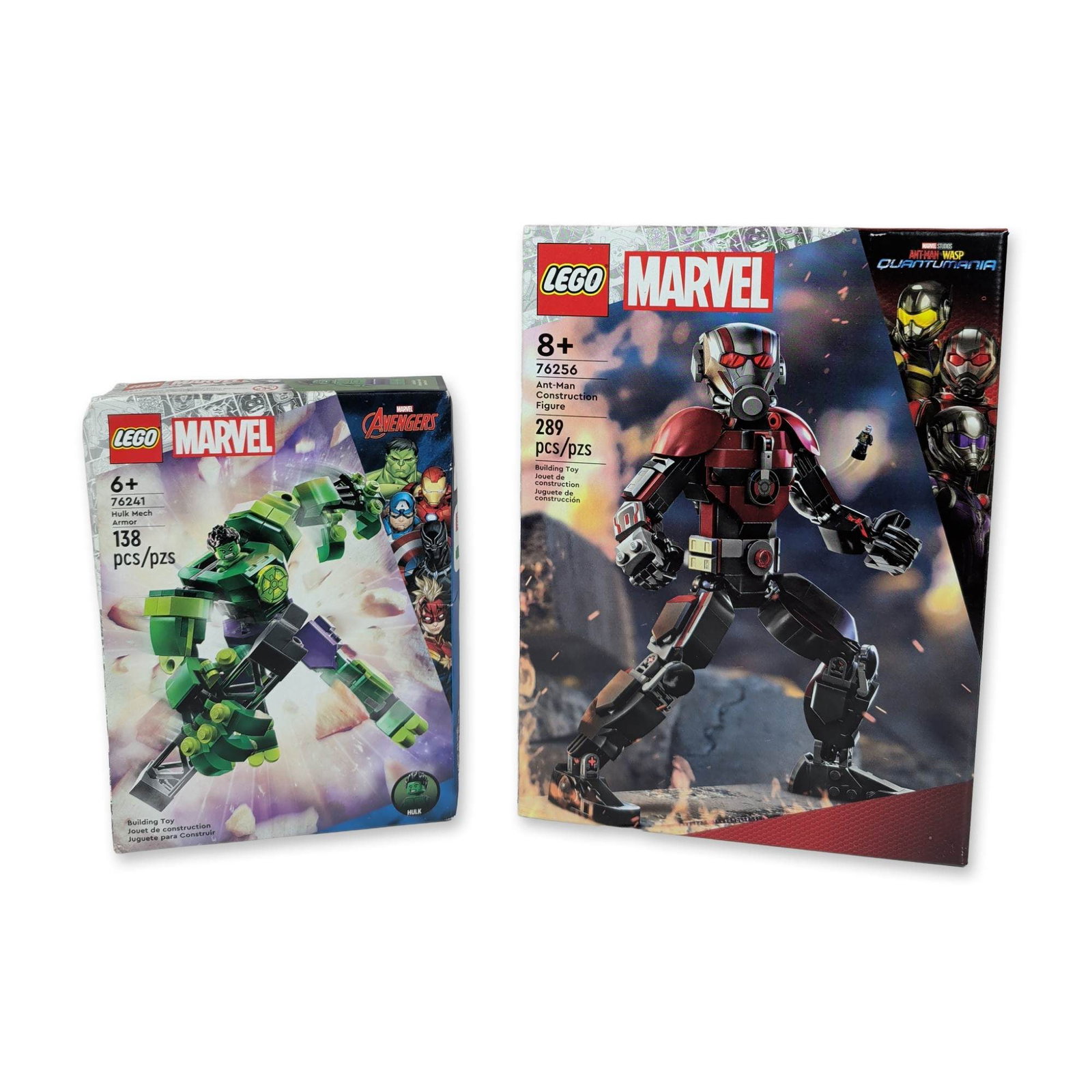 2pc LEGO Marvel Super Heroes Building Sets: LEGO. Pair of building toy sets in molded plastic from the Marvel Super Heroes theme. Includes Set 76256 Ant-Man Construction Figure and Set 76241 Hulk Mech Armor. Ant-Man set features a buildable pos