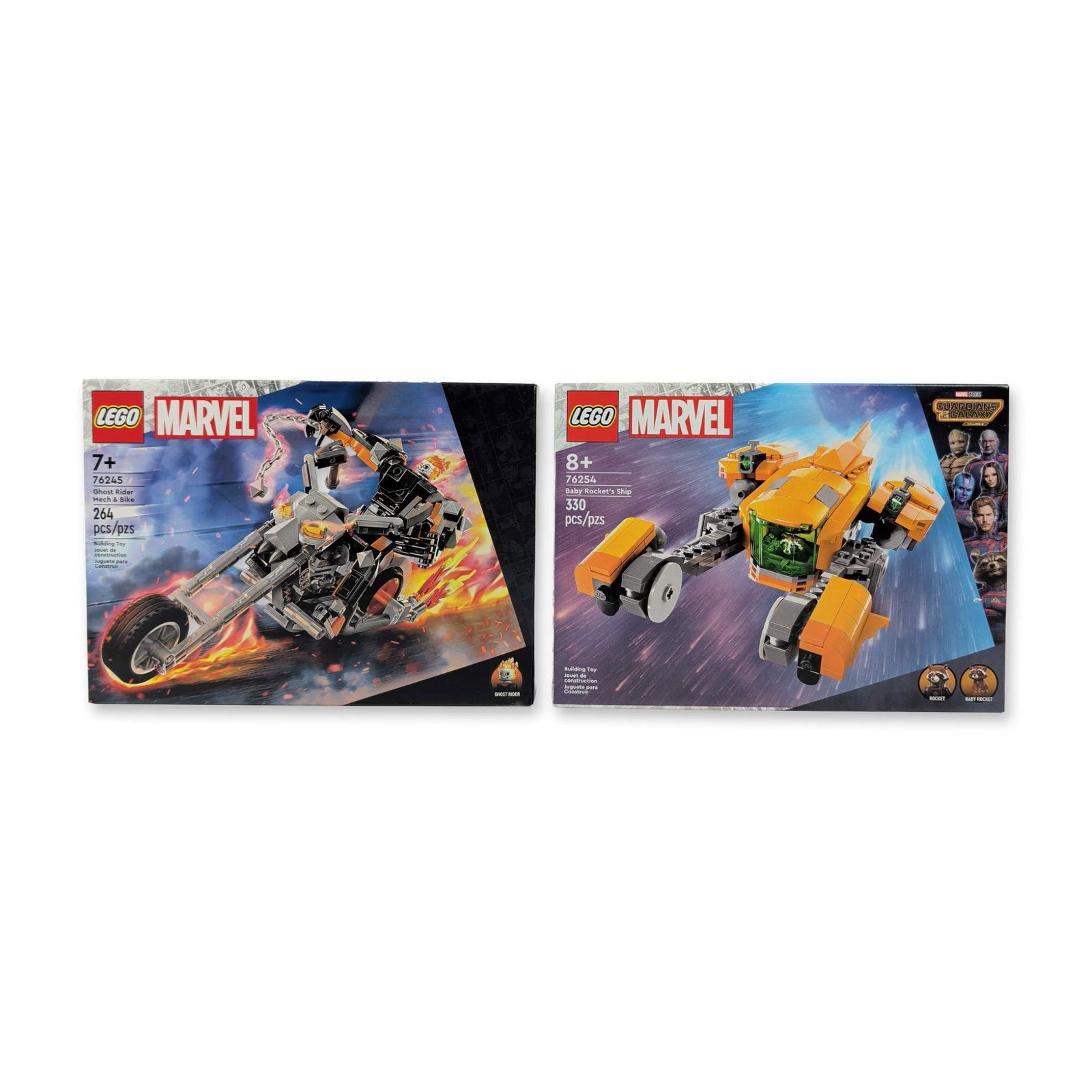 A Pair of LEGO Marvel Building Sets: The LEGO Group. Pair of Marvel themed building sets in molded plastic. Includes set 76254 Baby Rocket's Ship from Guardians of the Galaxy Volume 3 and set 76245 Ghost Rider Mech & Bike. Set 76254 cont