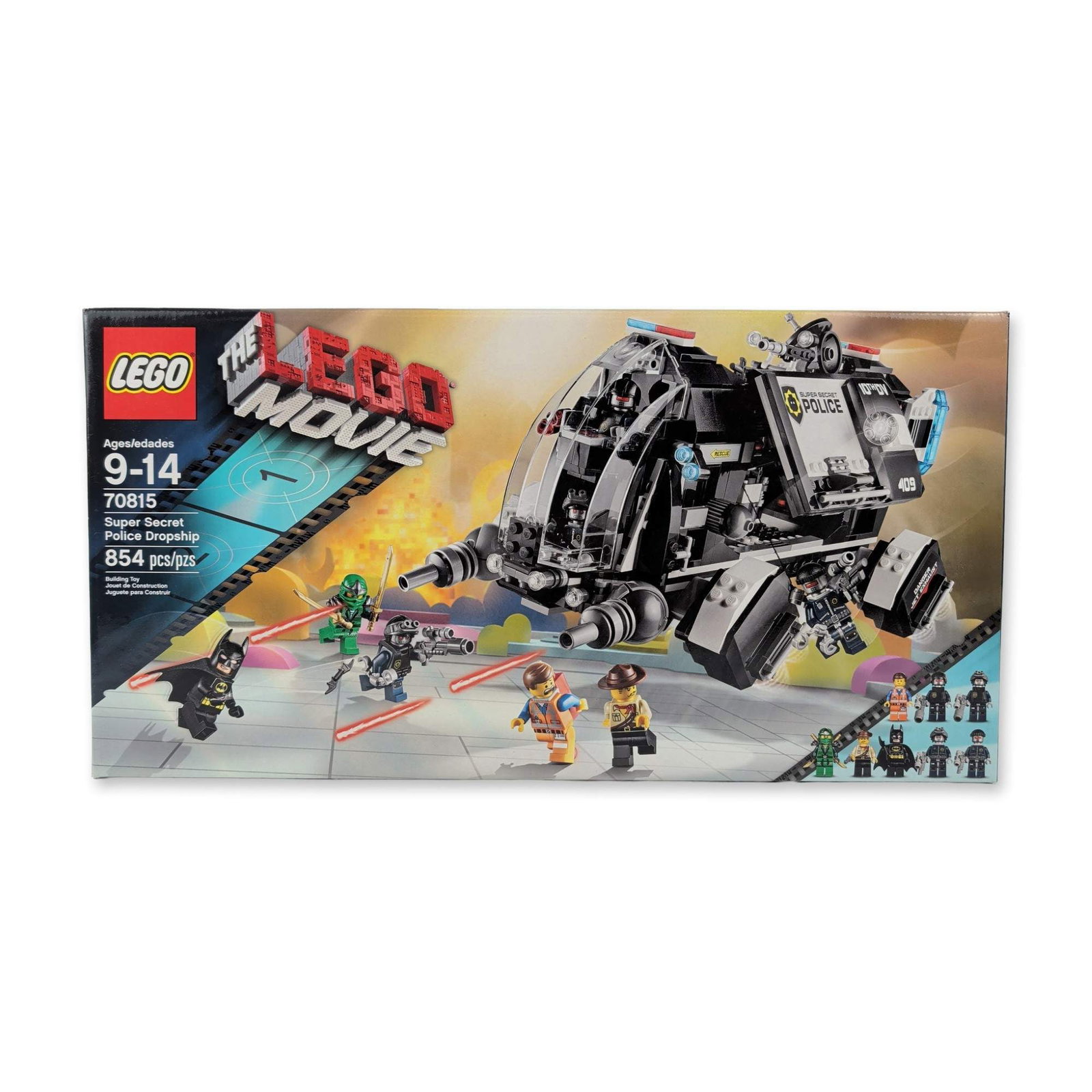 LEGO Movie Super Secret Police Dropship 70815: The LEGO Group, 2014. The LEGO Movie Super Secret Police Dropship set number 70815 in plastic, featuring an opening cockpit, rotating thrusters, sliding side doors, a fold-out weapon rack, and a remov