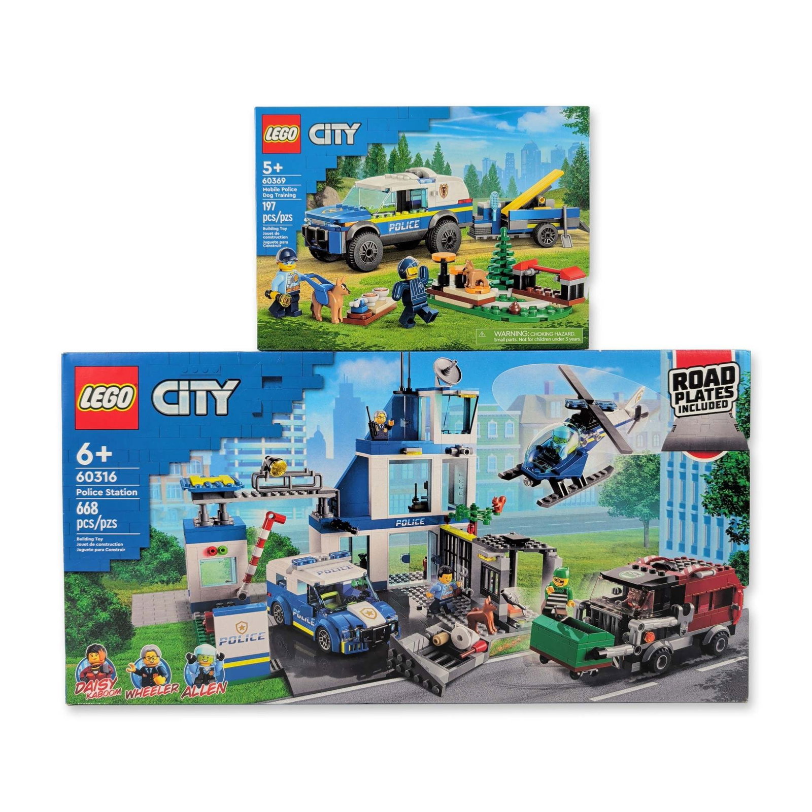 A Pair of LEGO City Police Construction Sets: LEGO Group. Two factory-sealed construction sets in plastic from the City theme, featuring police subjects. Set 60316 includes a three-level police station, patrol vehicle, helicopter, and a modified 