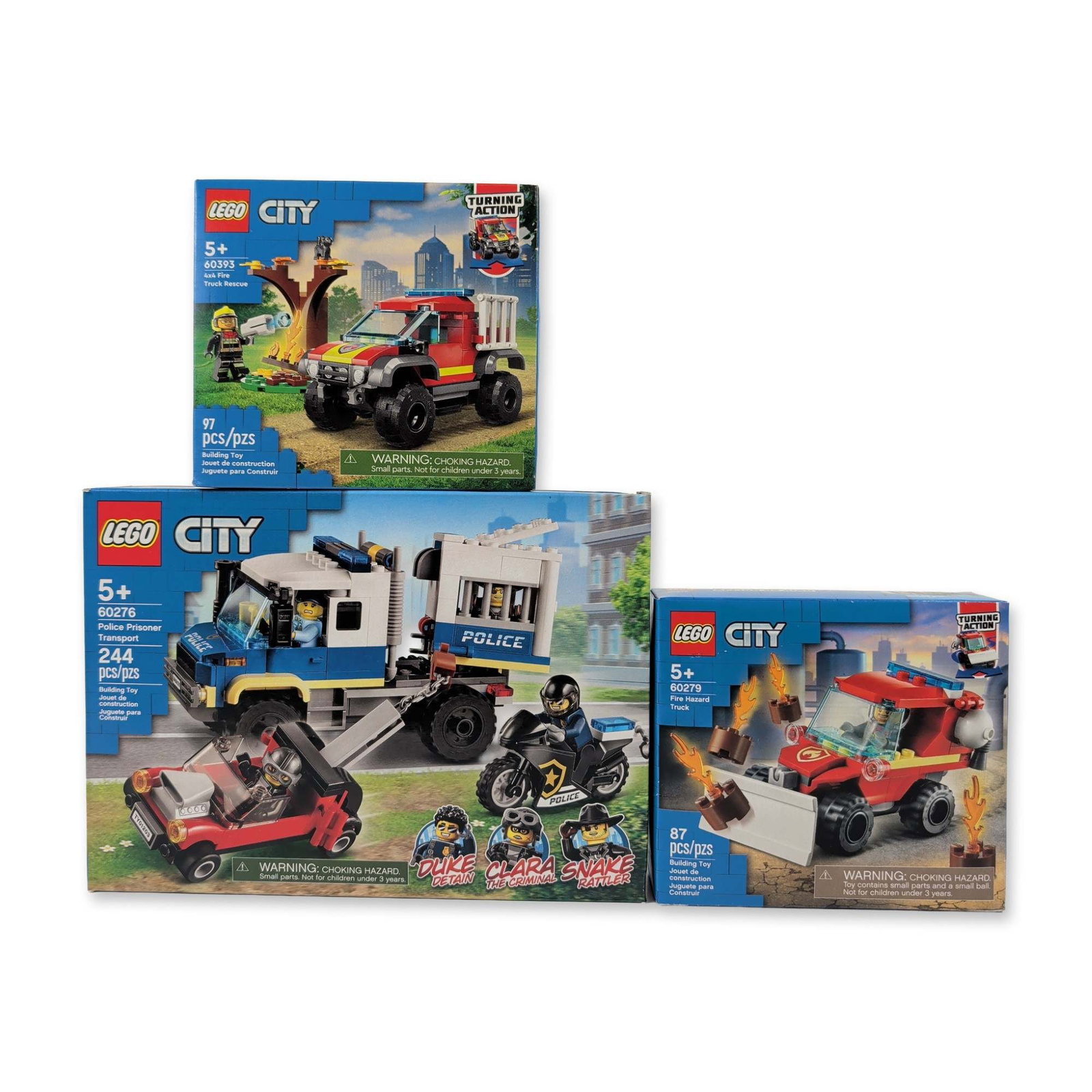 Three LEGO City Police and Fire Building Sets: LEGO. Building set collection in plastic, featuring three City series sets including 60276 Police Prisoner Transport, 60279 Fire Hazard Truck, and 60393 4x4 Fire Truck Rescue. Sets include multiple ve