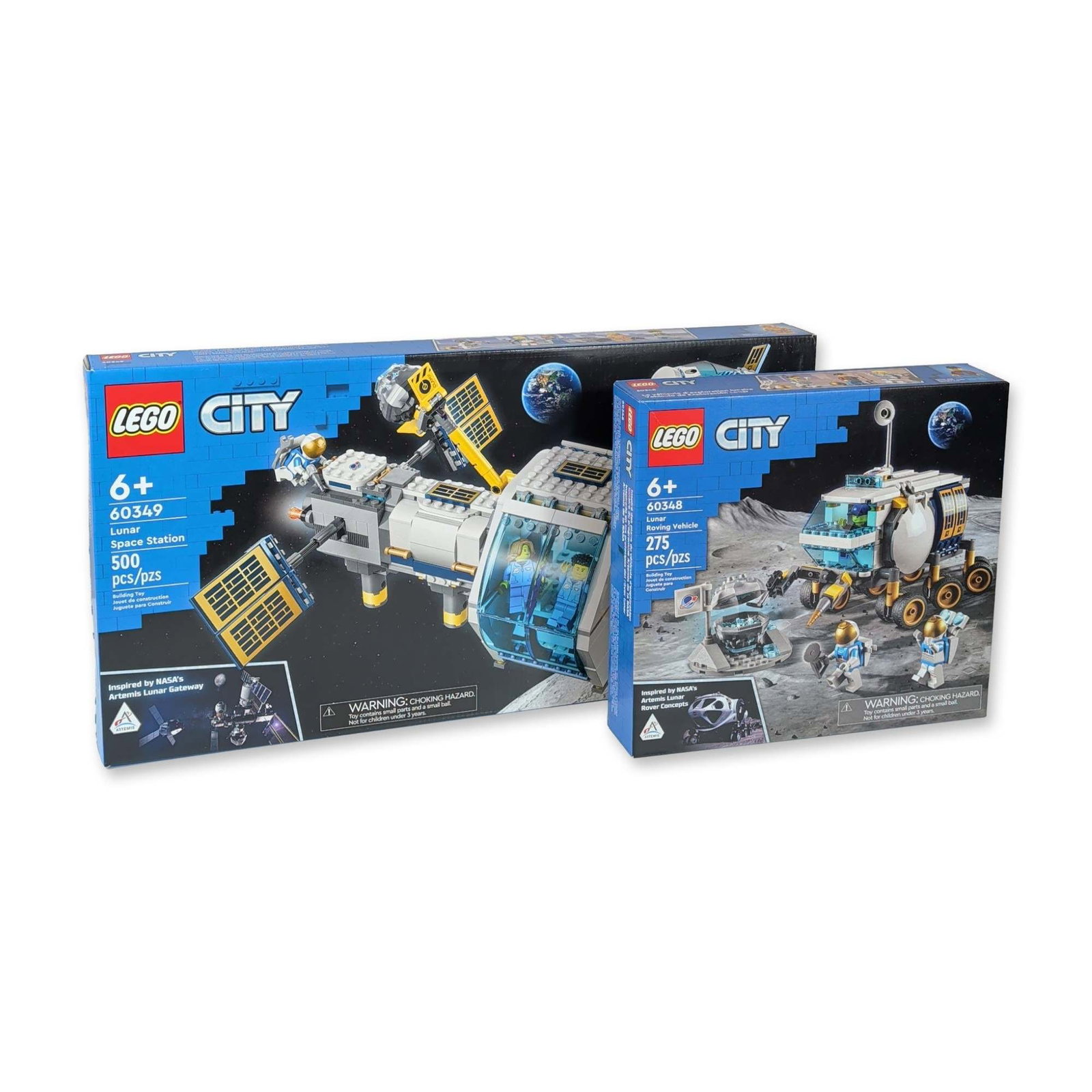 2 LEGO City NASA Artemis Sets: LEGO. A pair of plastic construction building sets from the City series, featuring NASA Artemis program themes. Includes Set 60348 Lunar Roving Vehicle with 275 pieces and Set 60349 Lunar Space Statio
