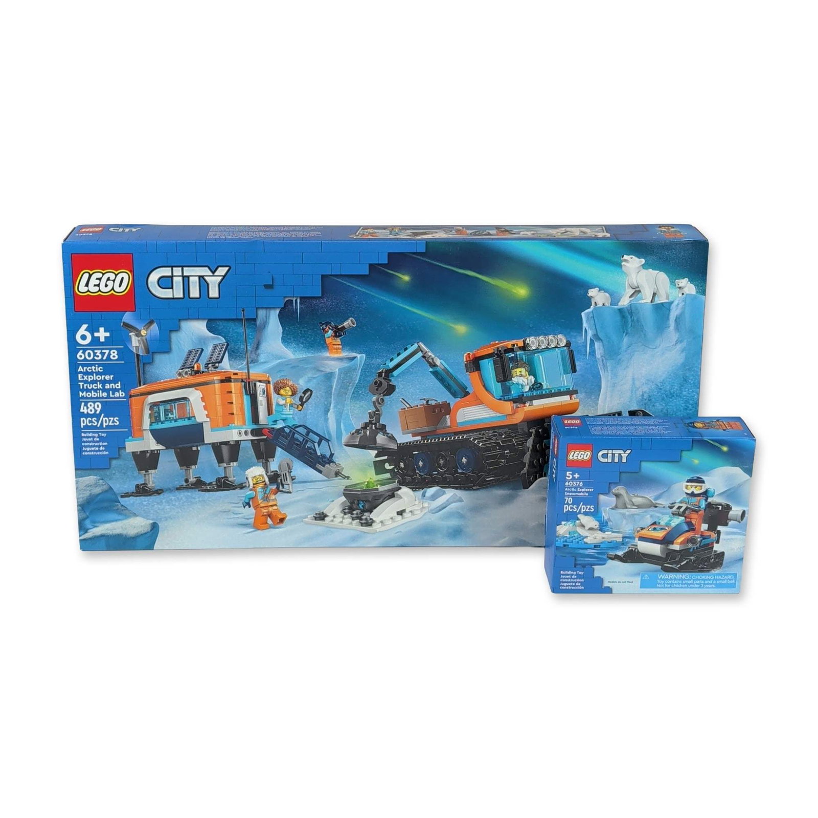 Two LEGO City Arctic Explorer Snowmobile, Truck & Mobile Lab Building Sets: The LEGO Group. A pair of factory-sealed construction sets from the City Arctic sub-theme in molded plastic. Included are Set 60378, Arctic Explorer Truck and Mobile Lab, and Set 60376, Arctic Explore