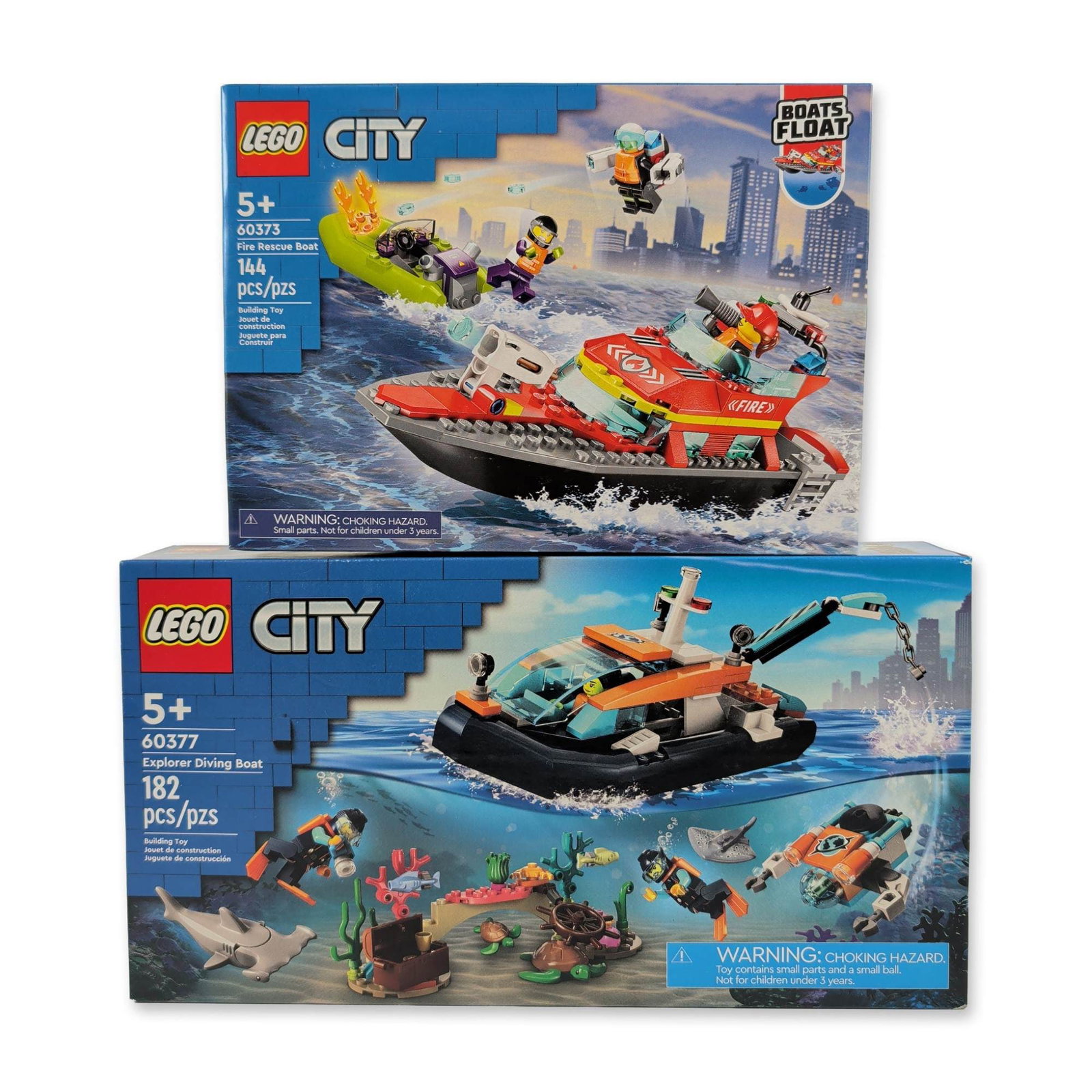 Pair of LEGO City Building Sets 60373 and 60377: LEGO. Pair of City series building sets in plastic, featuring aquatic rescue and exploration themes. Set 60373 Fire Rescue Boat includes 144 pieces for the construction of a floating rescue vessel, wa